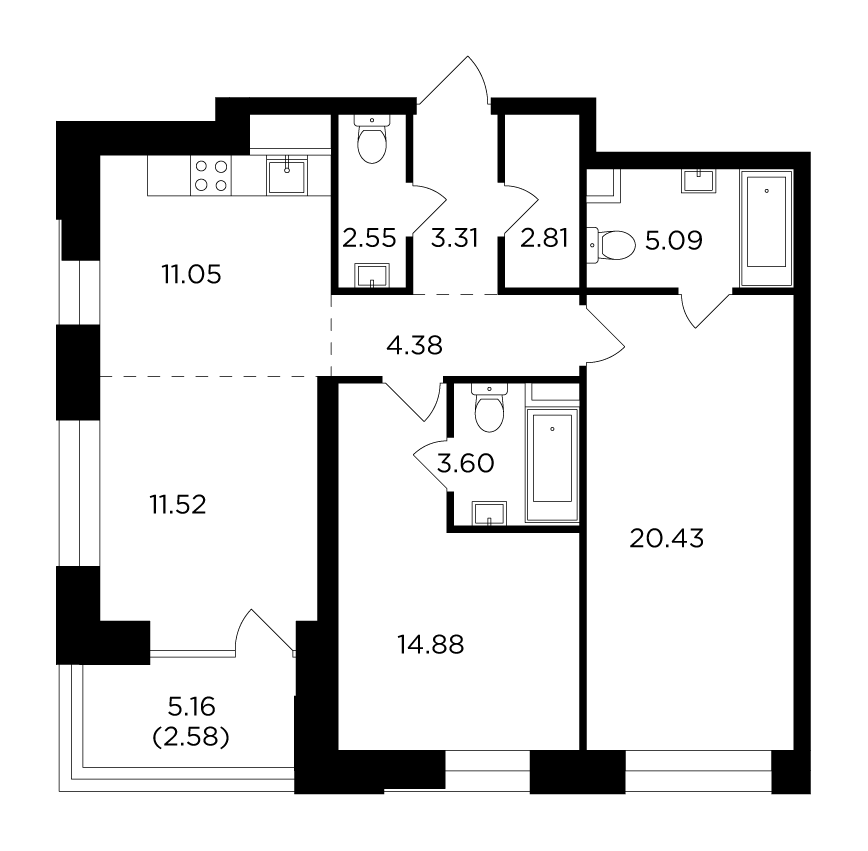 3 комн. квартира, 82.2 м², 17 этаж 