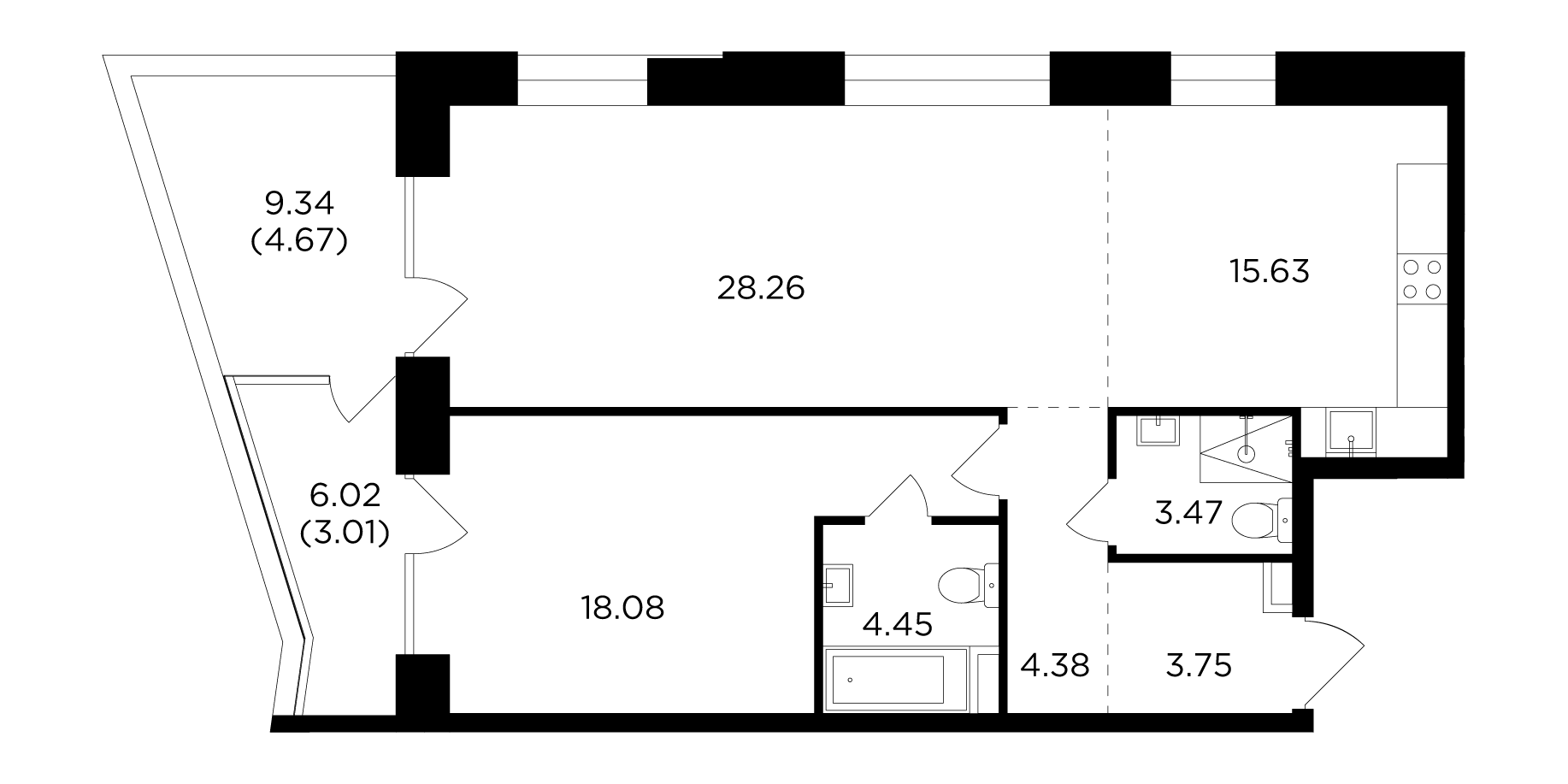 2 комн. квартира, 85.7 м², 4 этаж 