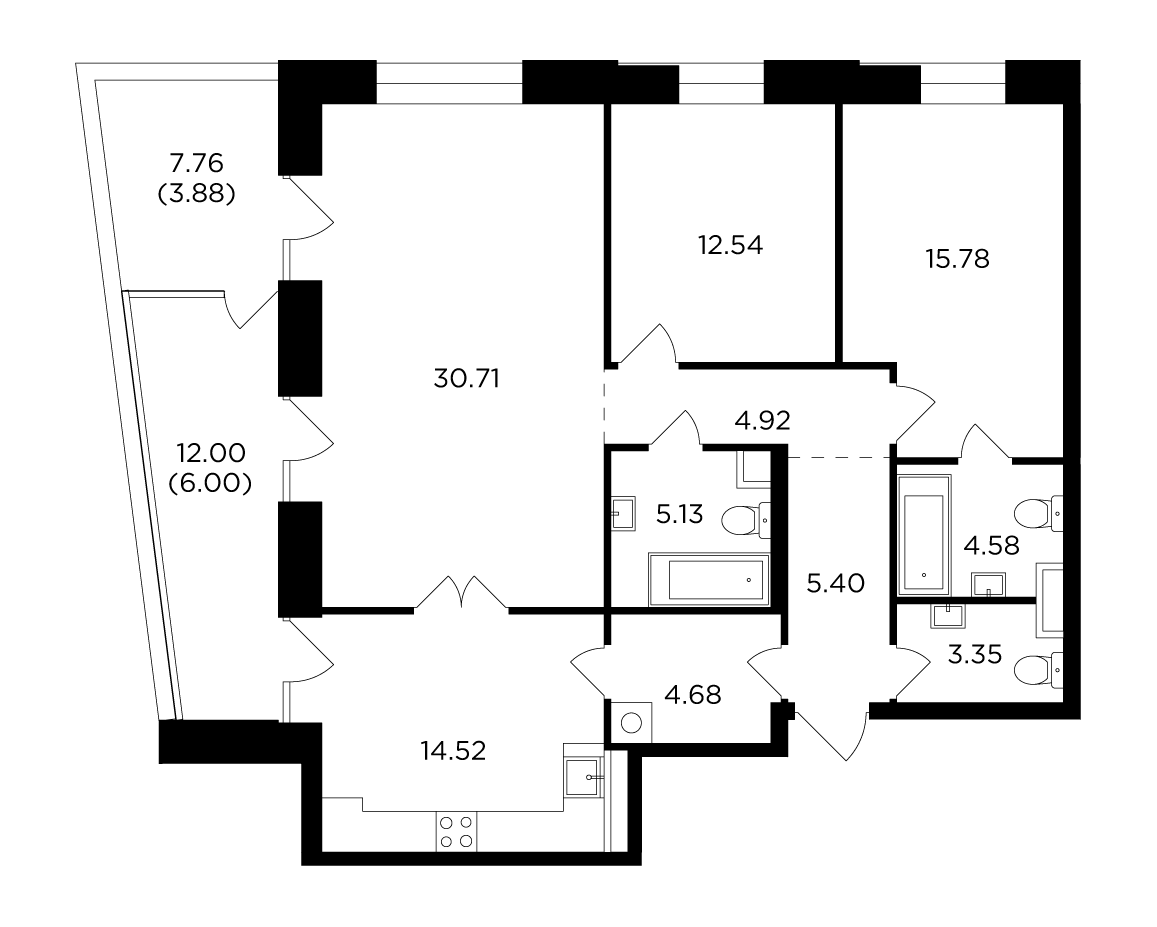 3 комн. квартира, 111.5 м², 18 этаж 