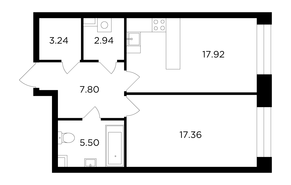 1 комн. квартира, 54.8 м², 9 этаж 