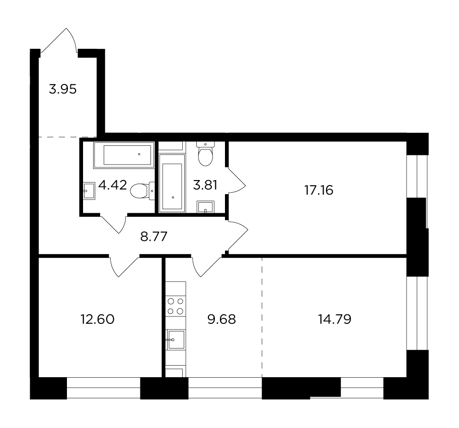 3 комн. квартира, 75.2 м², 12 этаж 