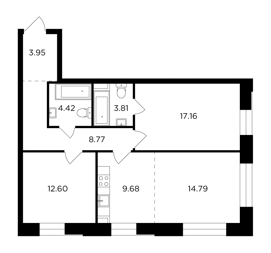 3 комн. квартира, 75.2 м², 18 этаж 