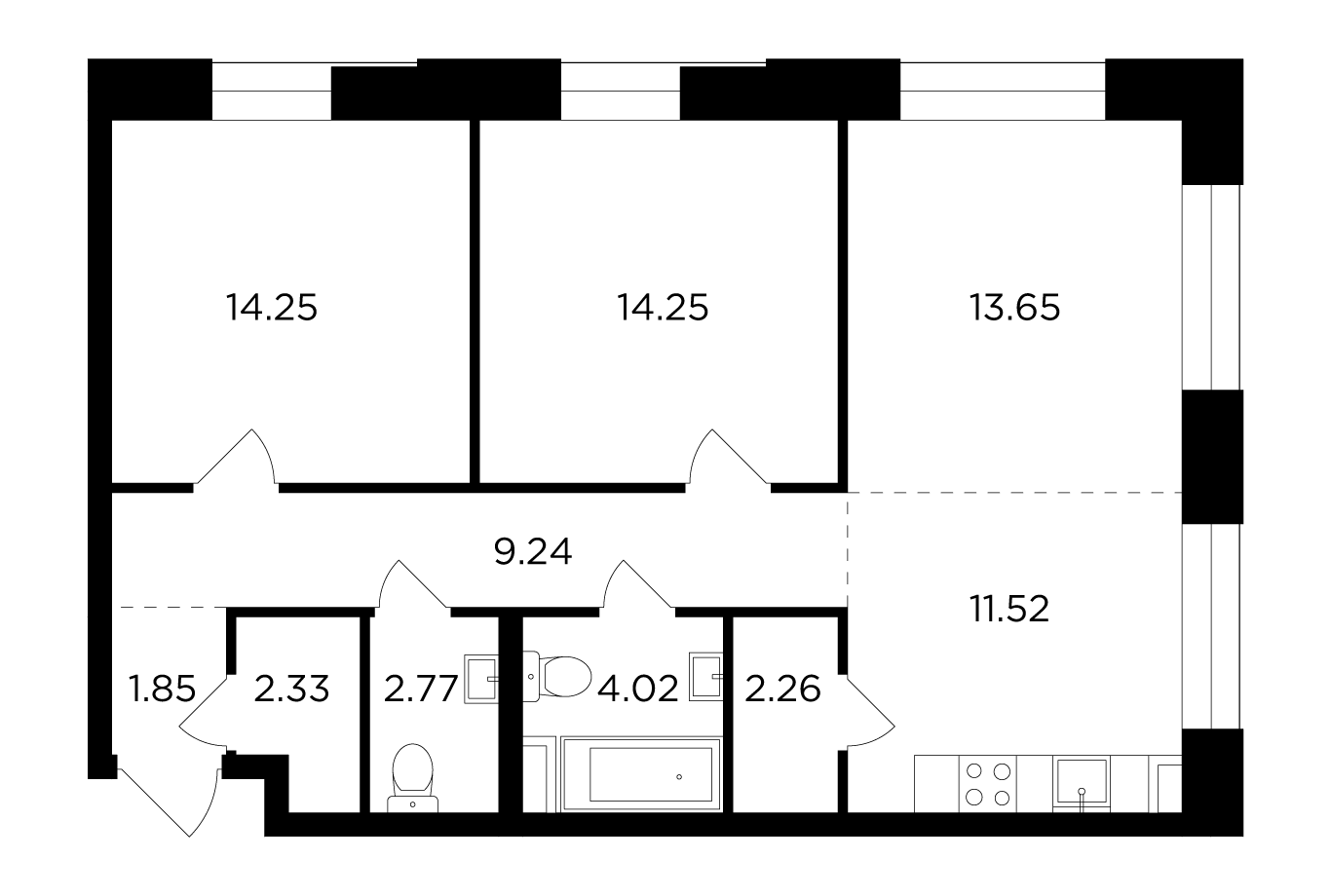 3 комн. квартира, 76.1 м², 5 этаж 