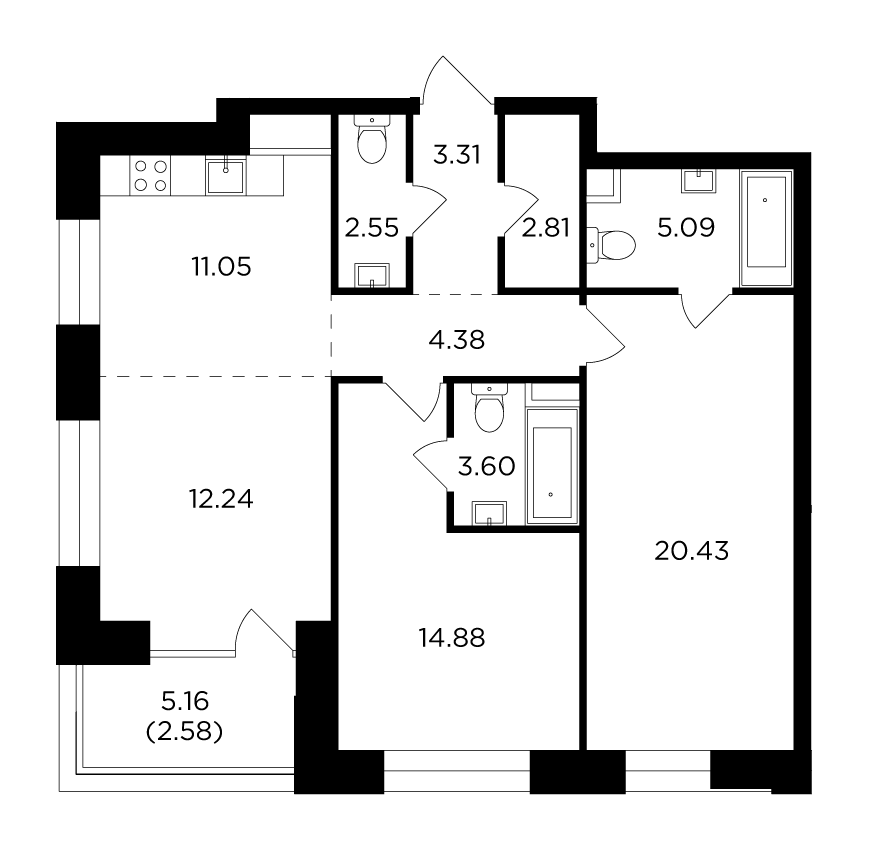 3 комн. квартира, 82.9 м², 18 этаж 