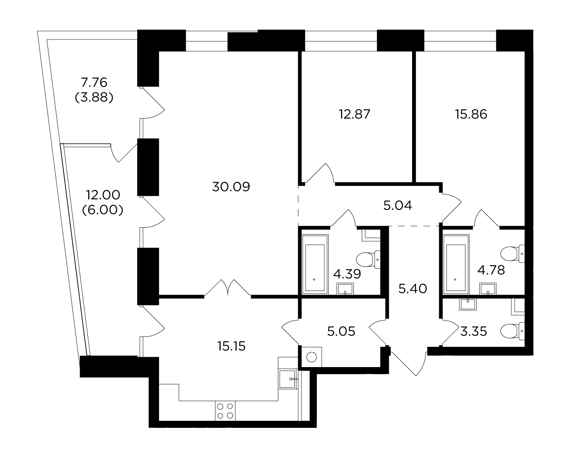 3 комн. квартира, 111.9 м², 12 этаж 