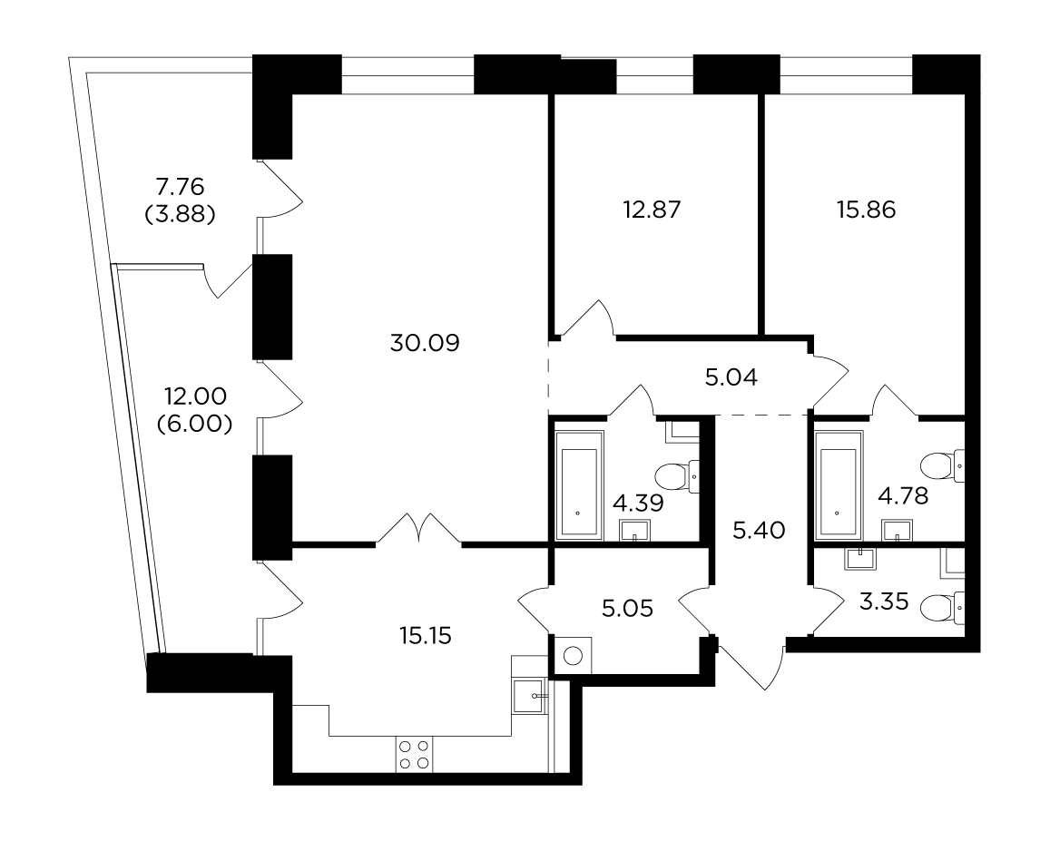 3 комн. квартира, 111.9 м², 15 этаж 