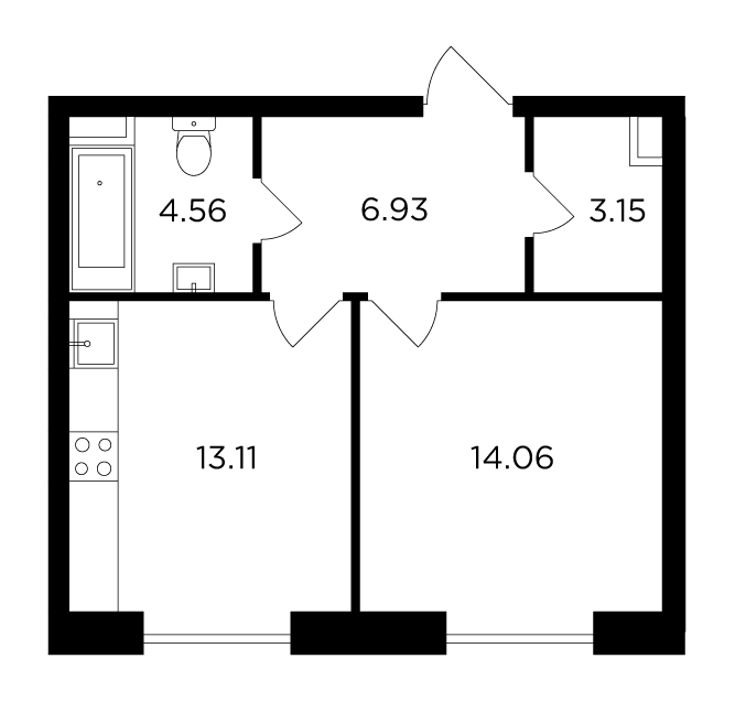 1 комн. квартира, 41.8 м², 14 этаж 