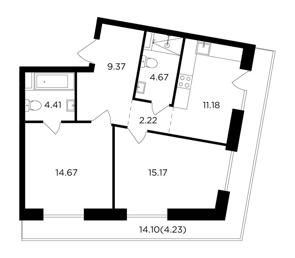 2 комн. квартира, 65.9 м², 11 этаж 