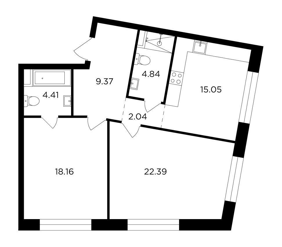 2 комн. квартира, 76.3 м², 9 этаж 