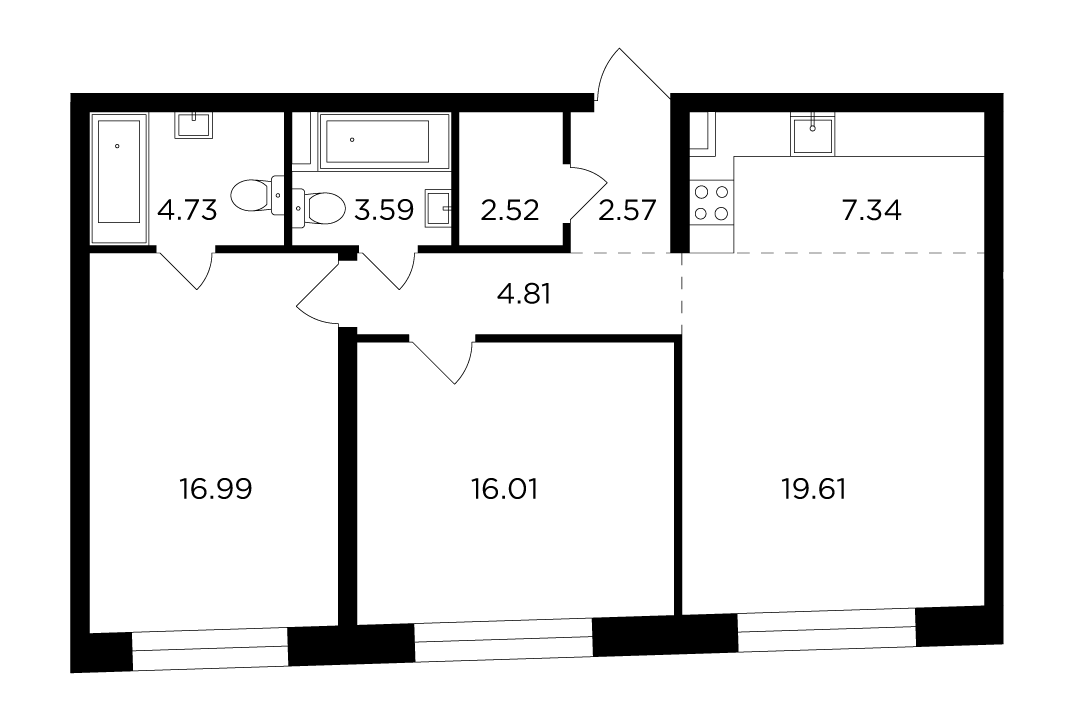 3 комн. квартира, 78.7 м², 3 этаж 