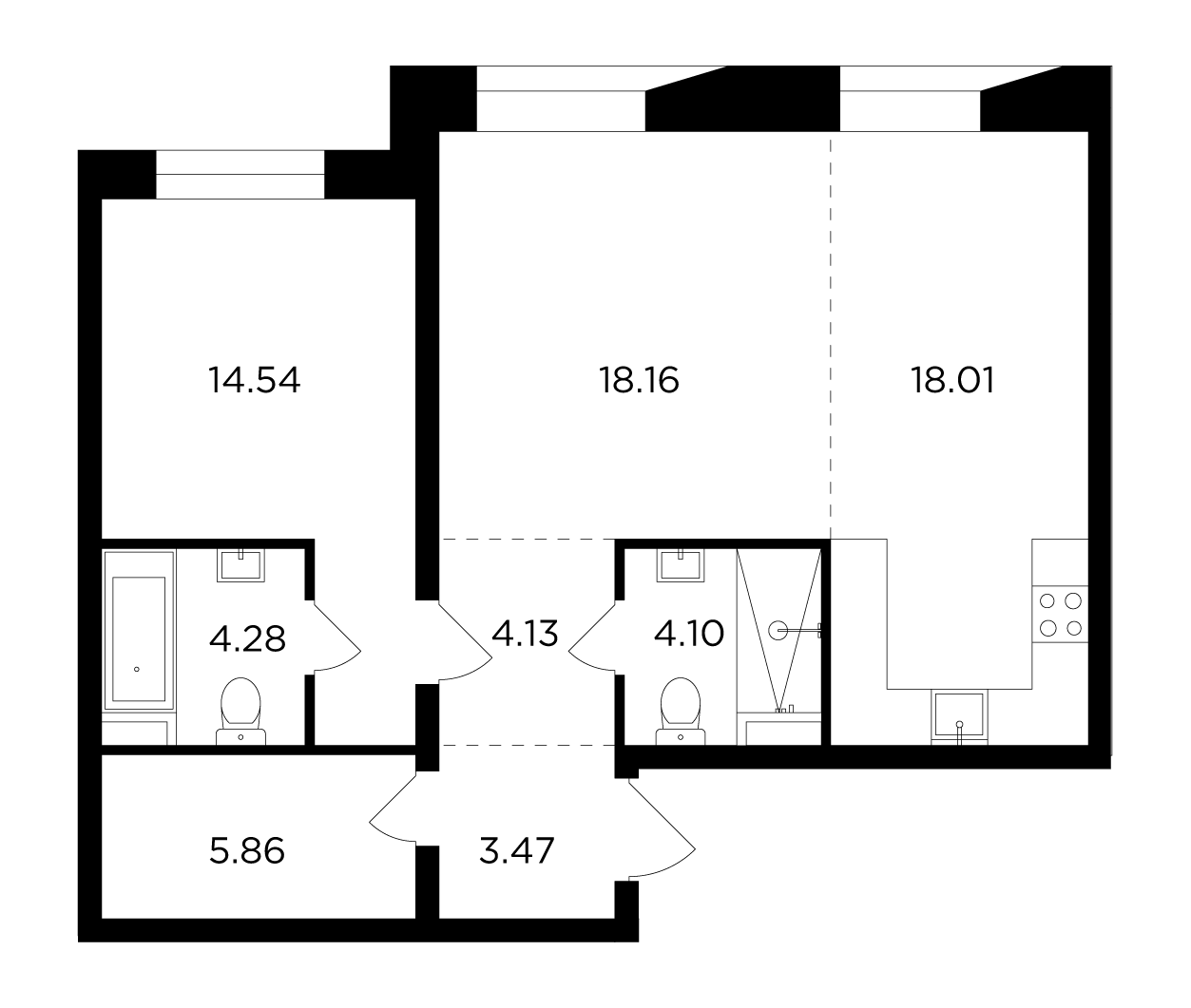 2 комн. квартира, 72.5 м², 14 этаж 