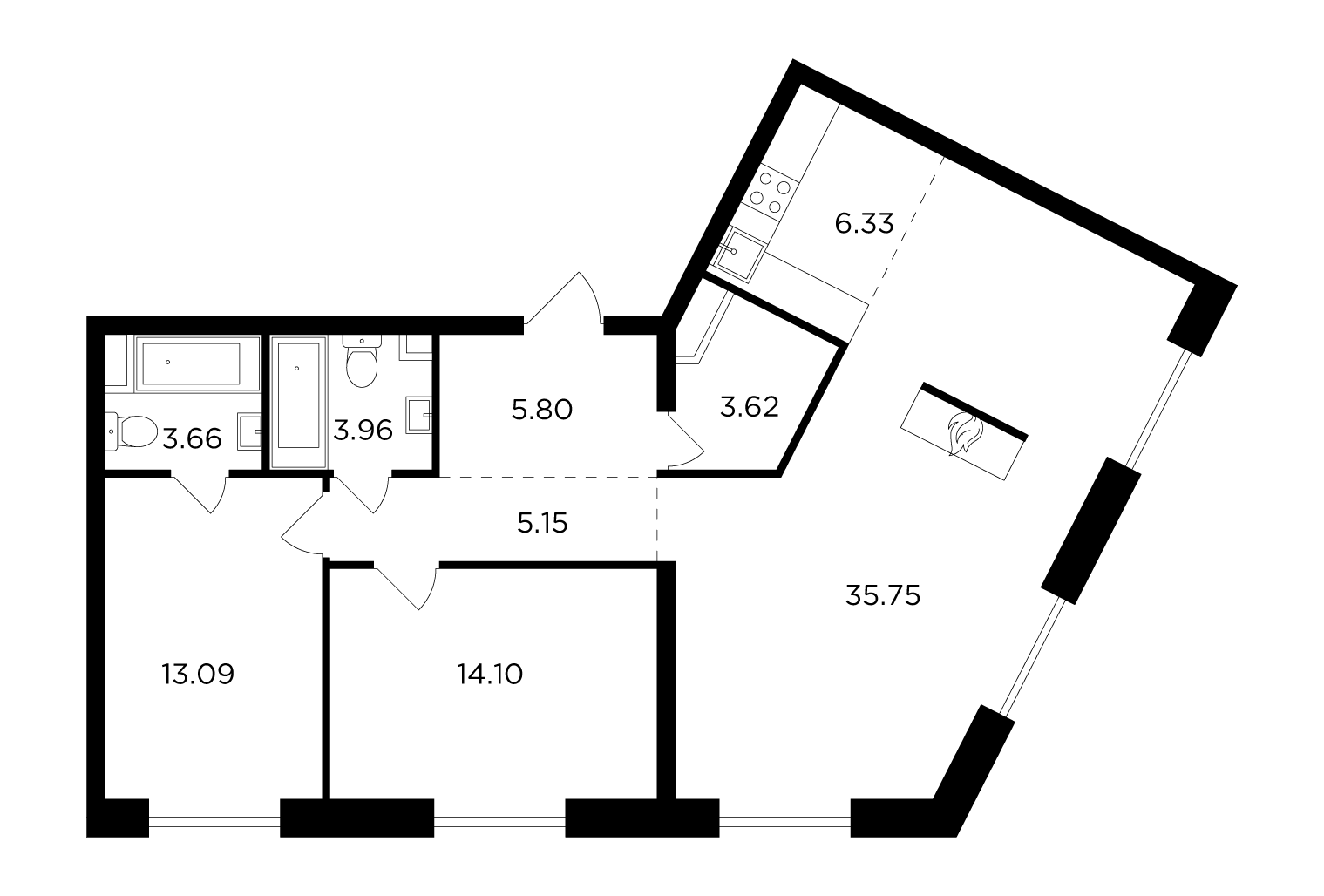 3 комн. квартира, 91.5 м², 16 этаж 