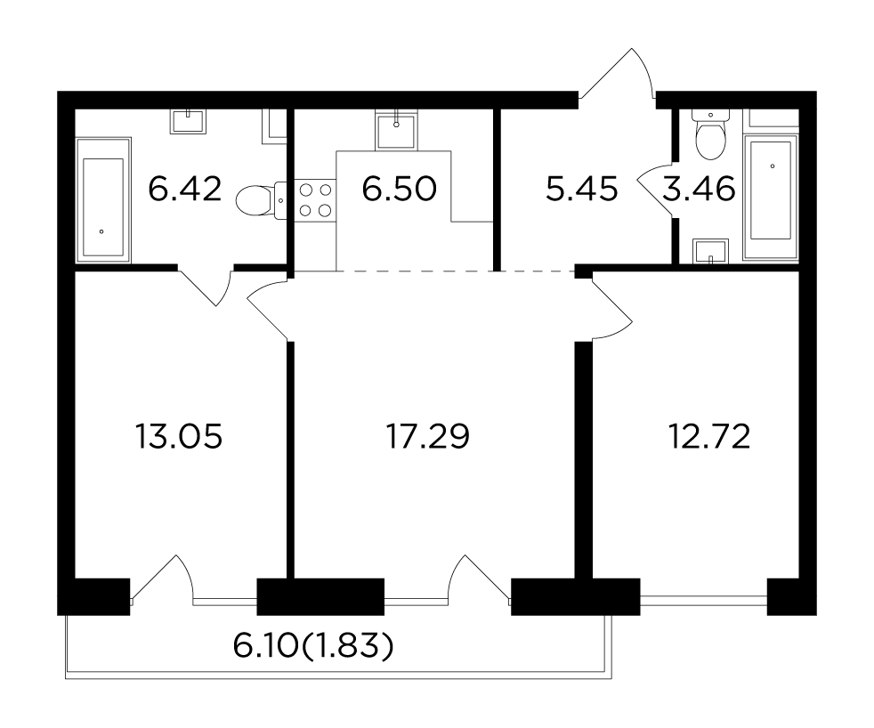 3 комн. квартира, 66.7 м², 13 этаж 
