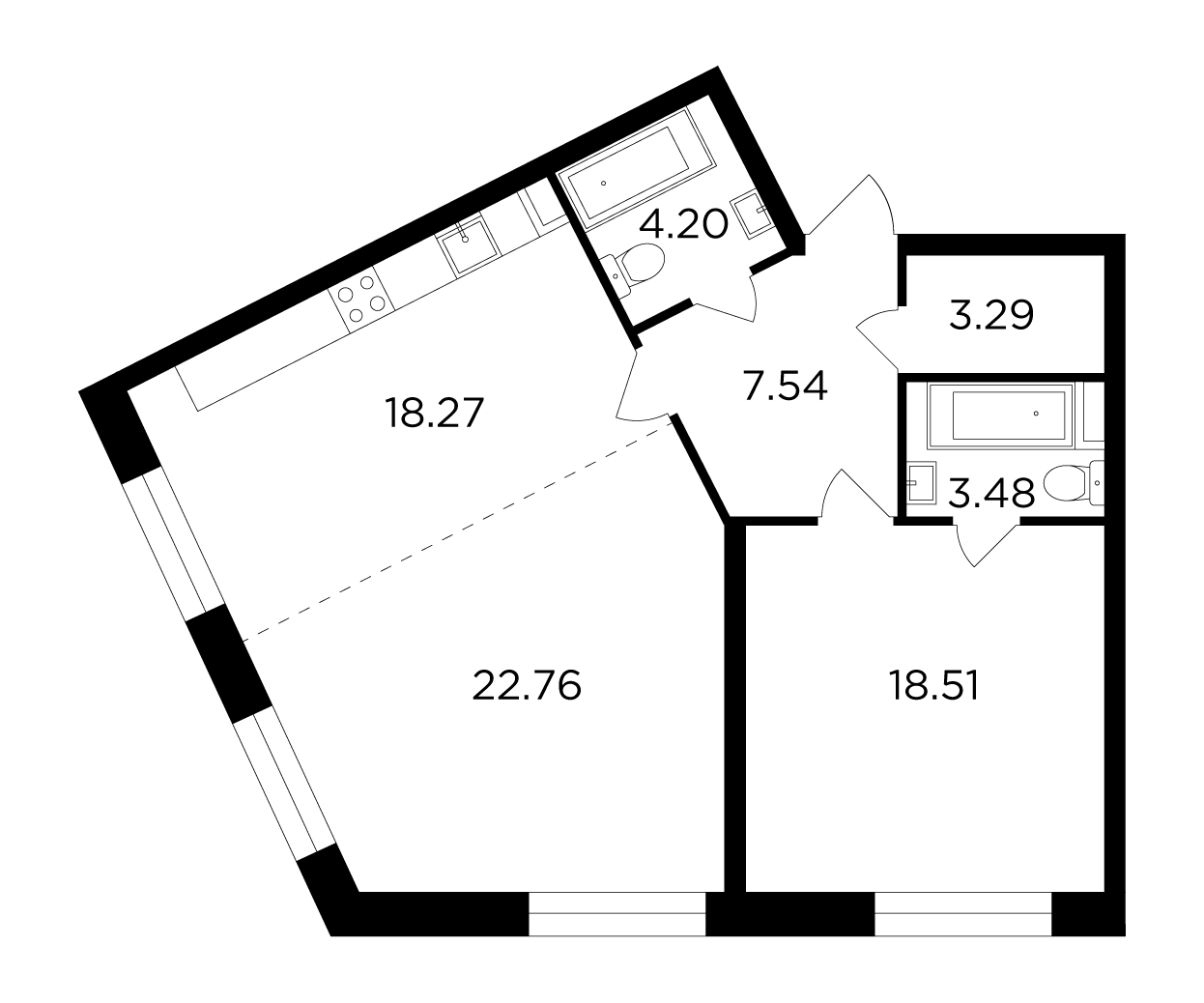 2 комн. квартира, 78 м², 12 этаж 