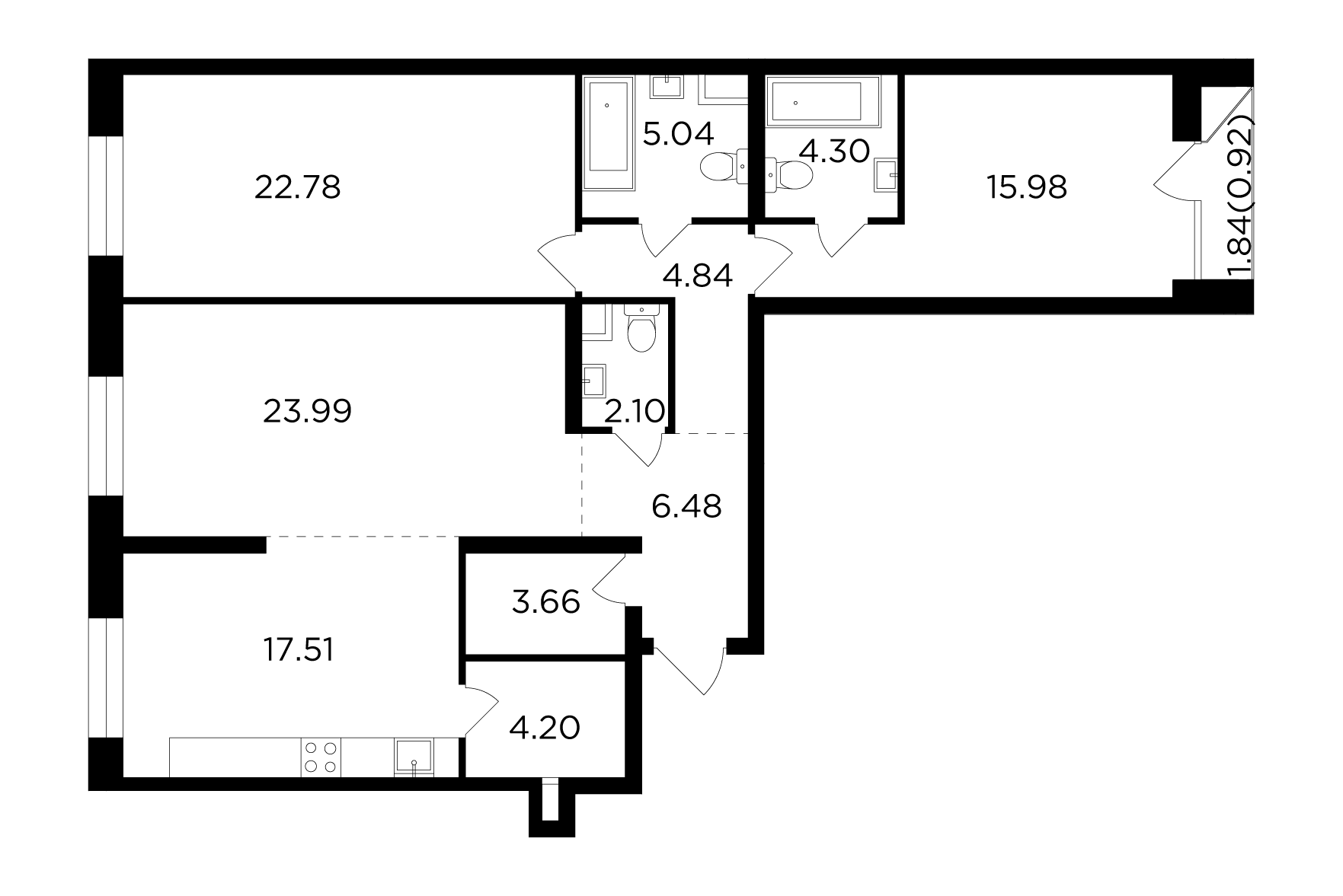 3 комн. квартира, 111.8 м², 6 этаж 