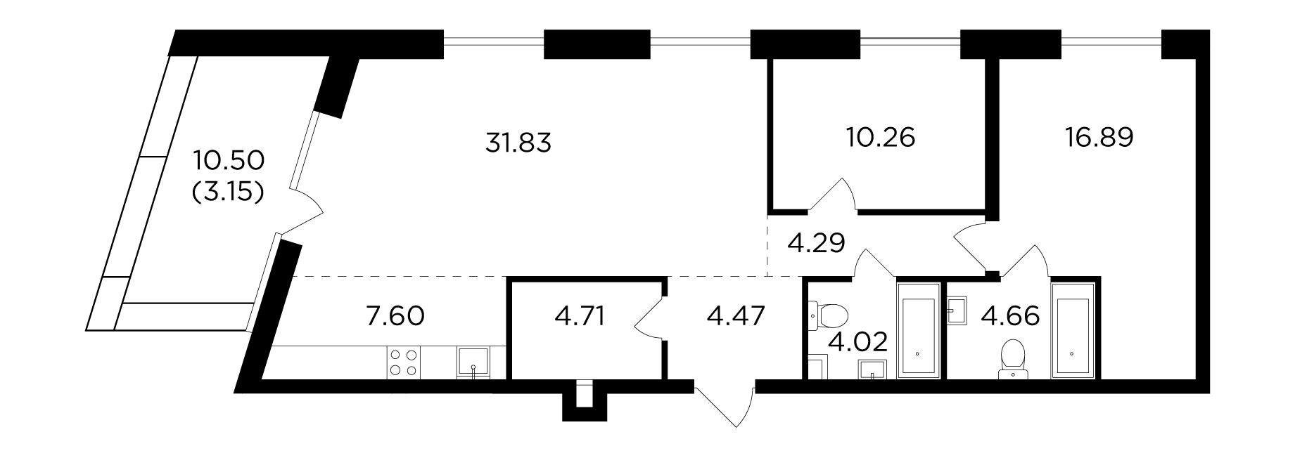 3 комн. квартира, 91.9 м², 13 этаж 