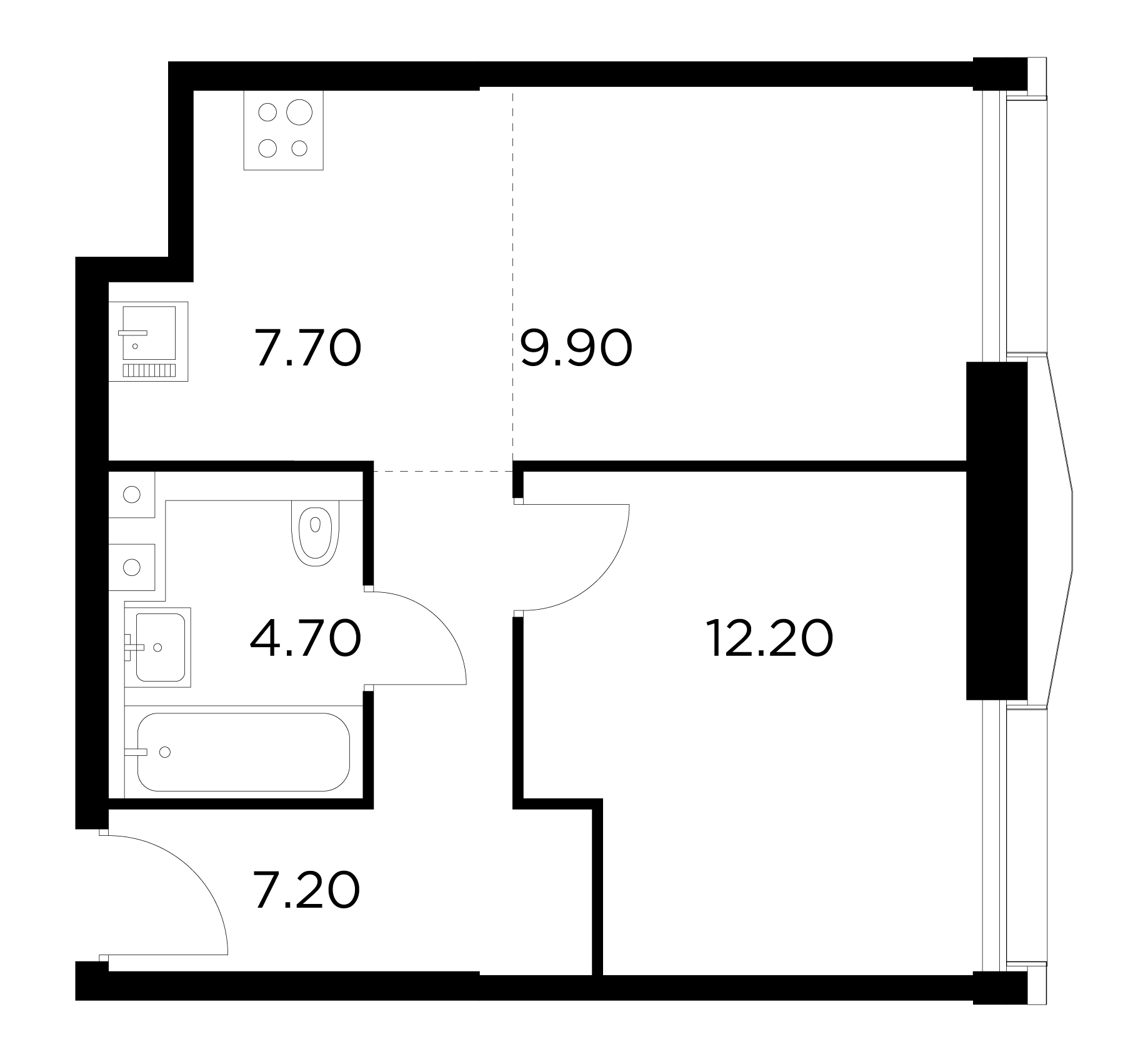 2 комн. квартира, 41.7 м², 22 этаж 