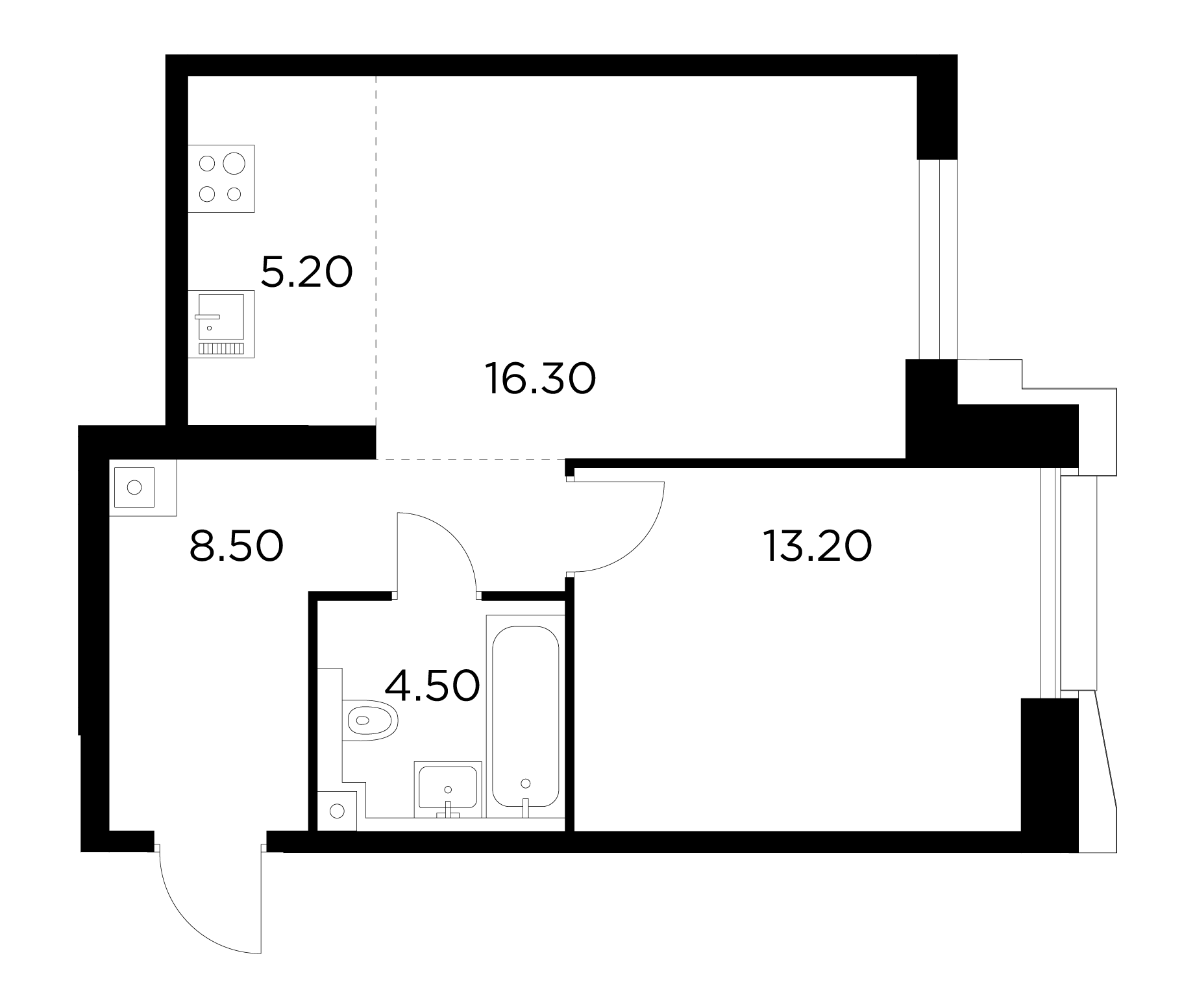 2 комн. квартира, 47.7 м², 28 этаж 