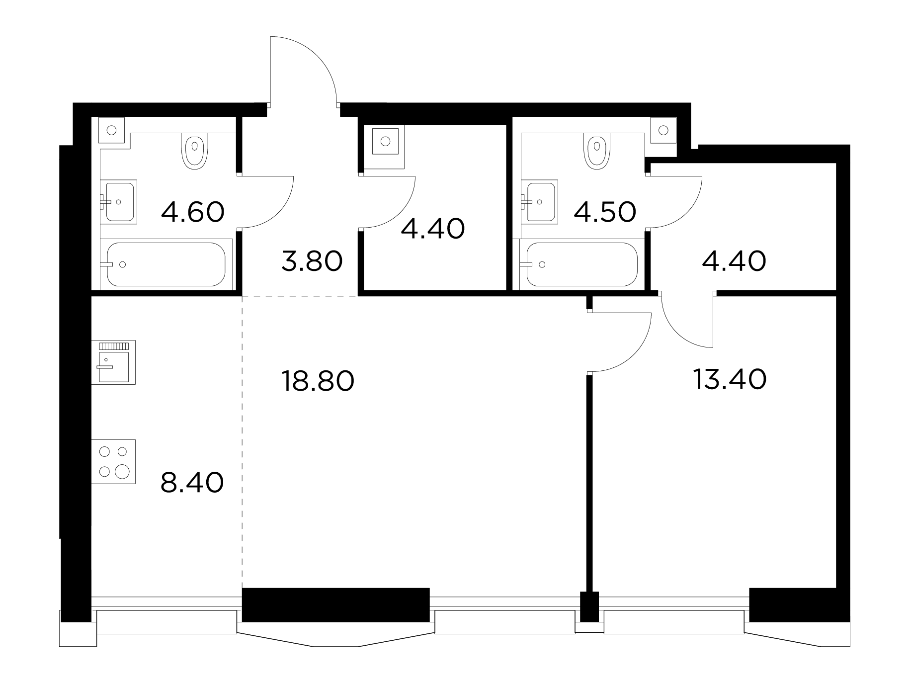 2 комн. квартира, 62.3 м², 22 этаж 
