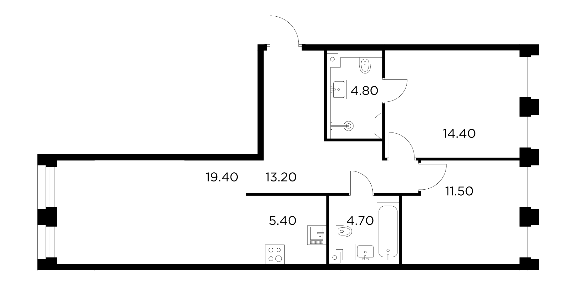 3 комн. квартира, 73.4 м², 6 этаж 