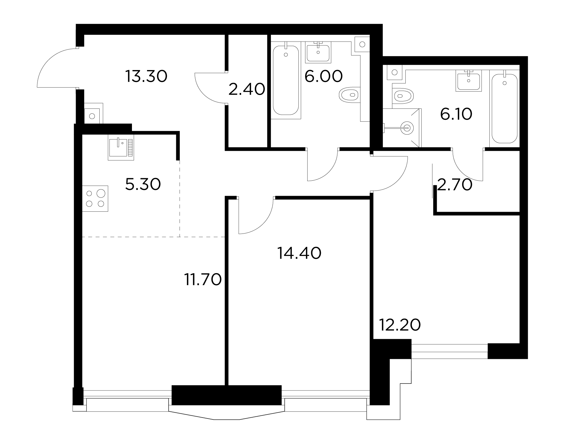 3 комн. квартира, 74.1 м², 19 этаж 