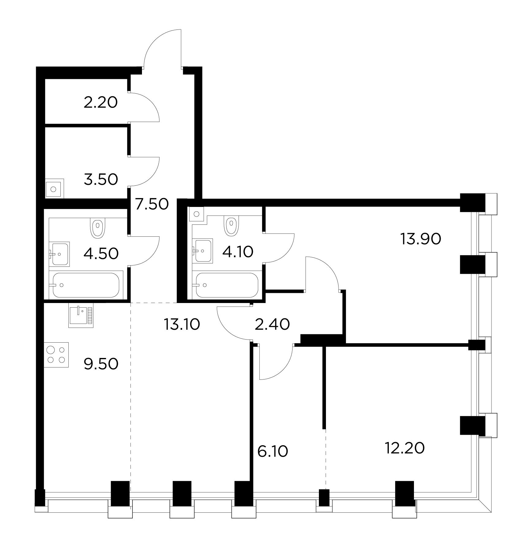3 комн. квартира, 79 м², 24 этаж 