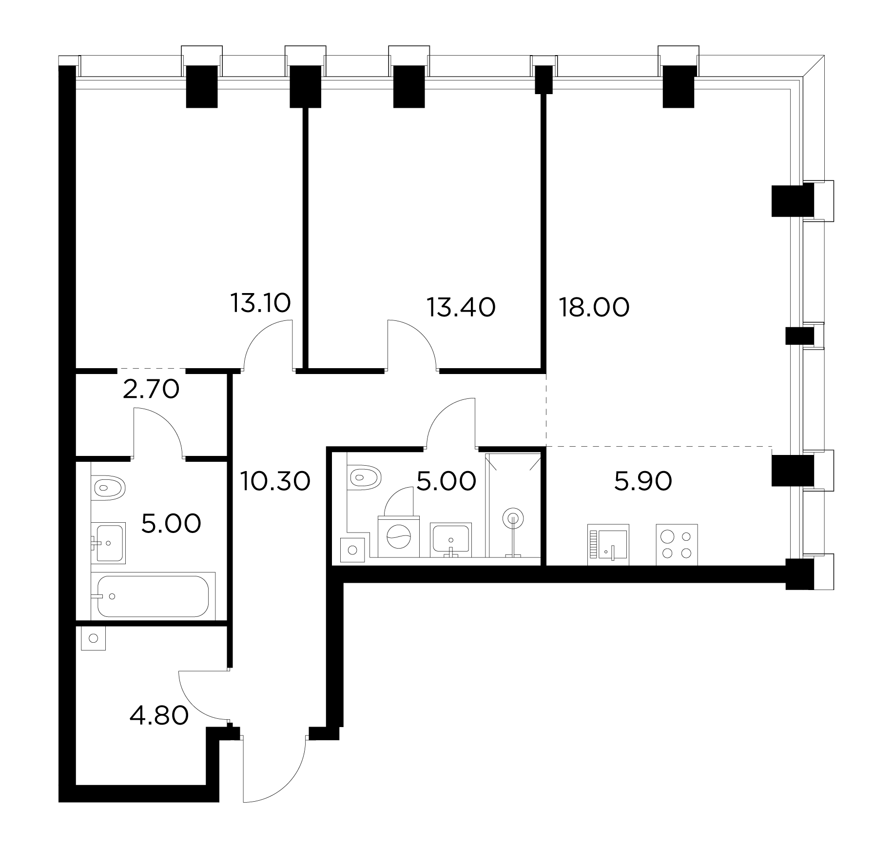 3 комн. квартира, 78.2 м², 23 этаж 