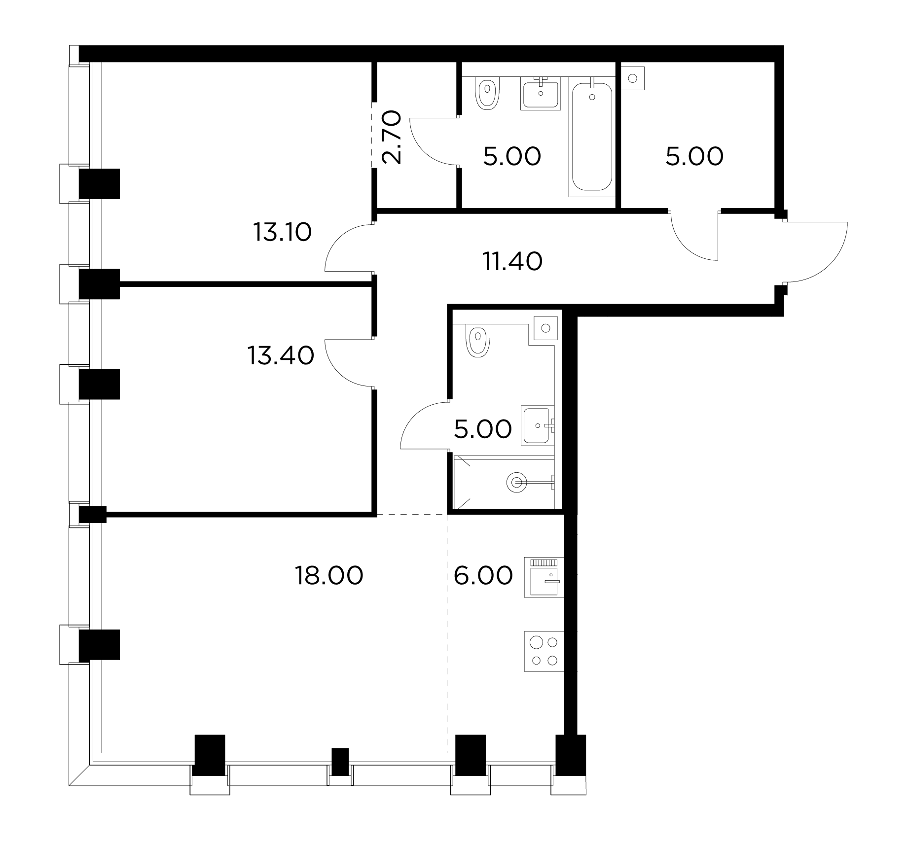 3 комн. квартира, 79.4 м², 22 этаж 