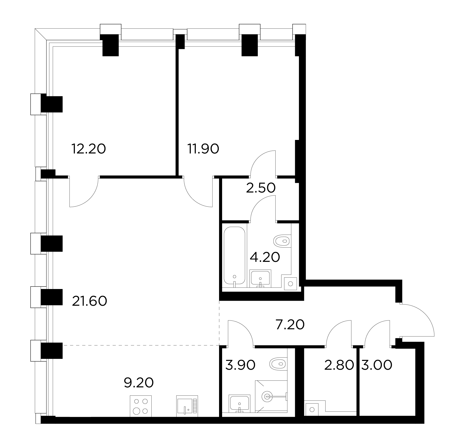 3 комн. квартира, 78.5 м², 20 этаж 