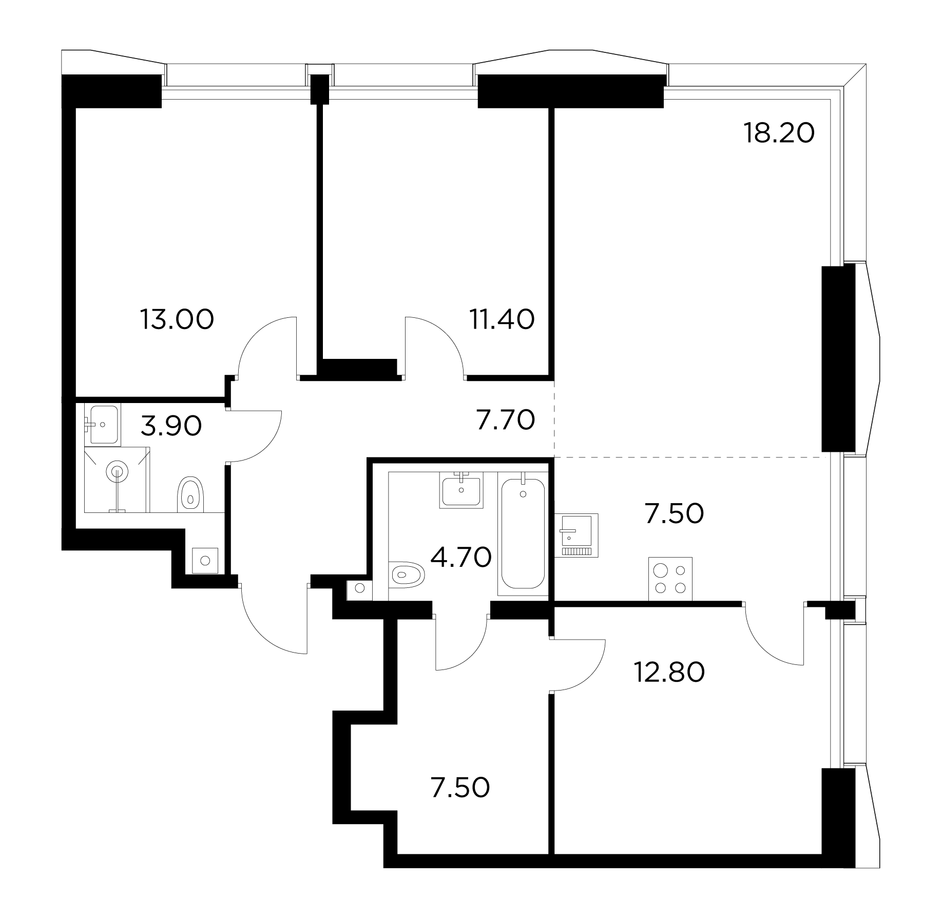 4 комн. квартира, 86.7 м², 26 этаж 