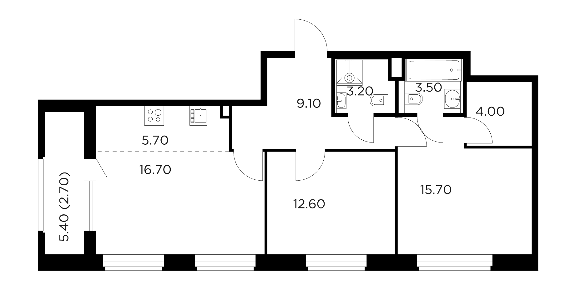 3 комн. квартира, 73.2 м², 7 этаж 