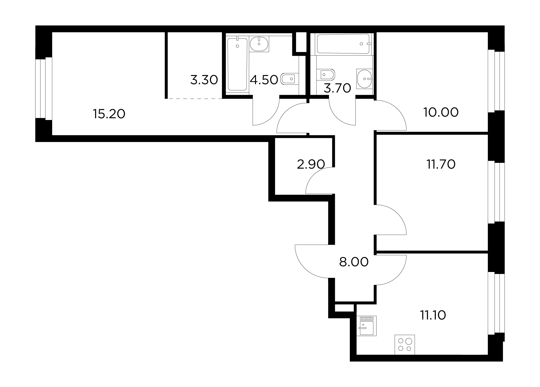 3 комн. квартира, 70.4 м², 12 этаж 