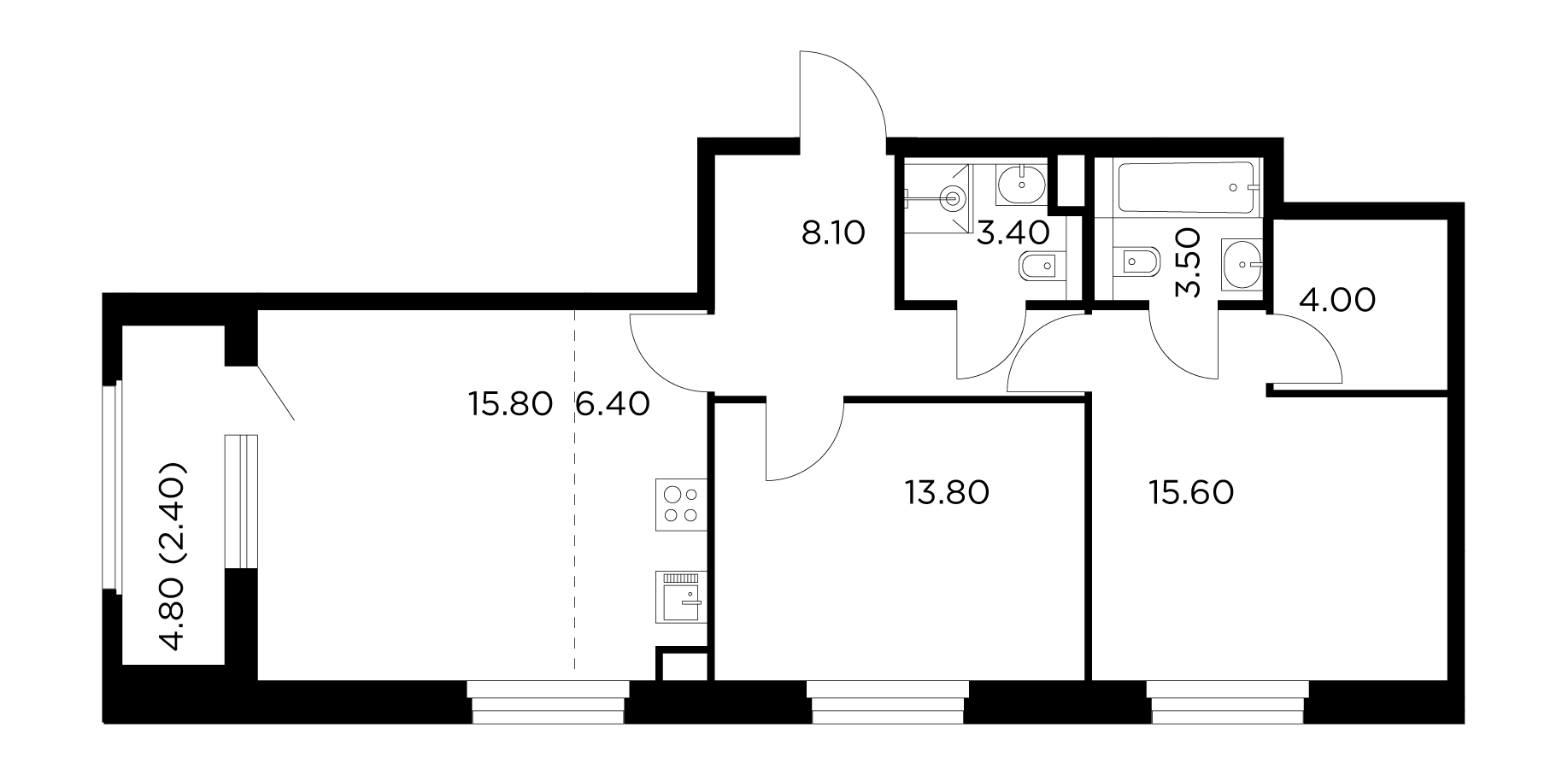 3 комн. квартира, 73 м², 16 этаж 