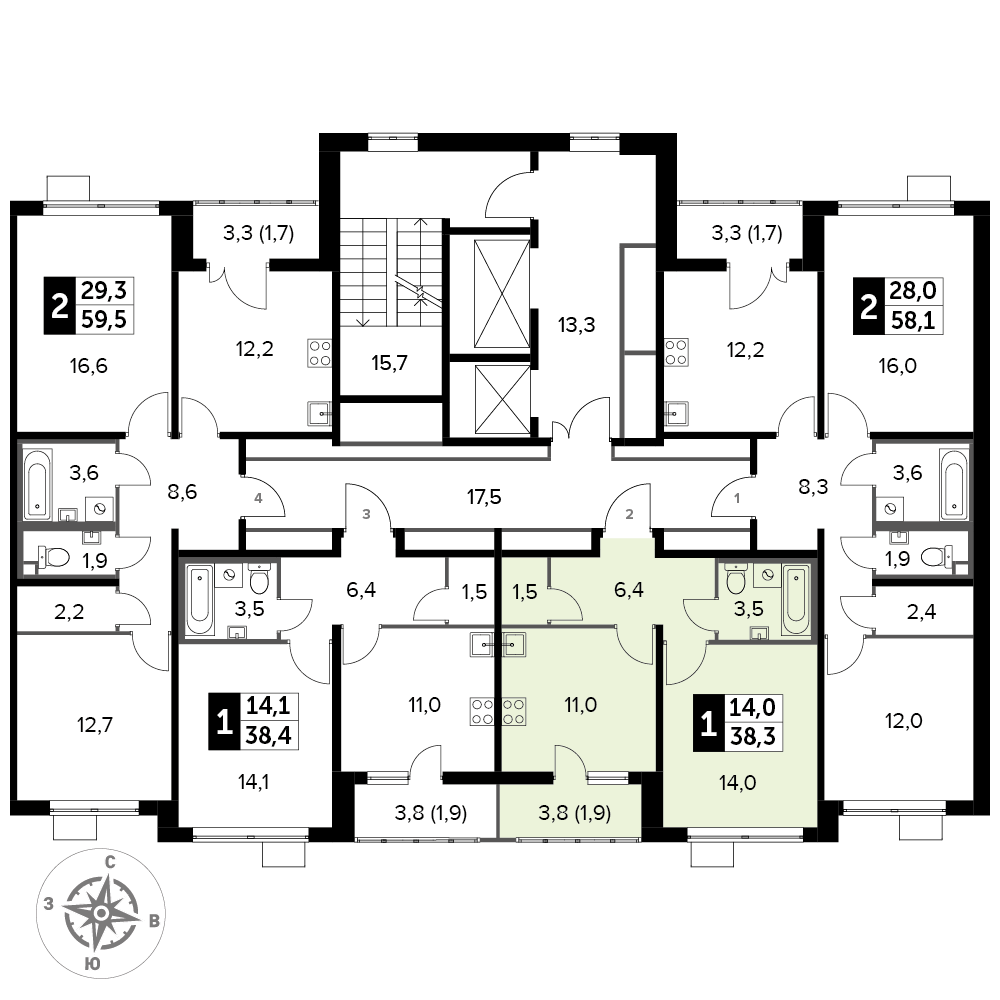 1 комн. квартира, 38.3 м², 21 этаж 
