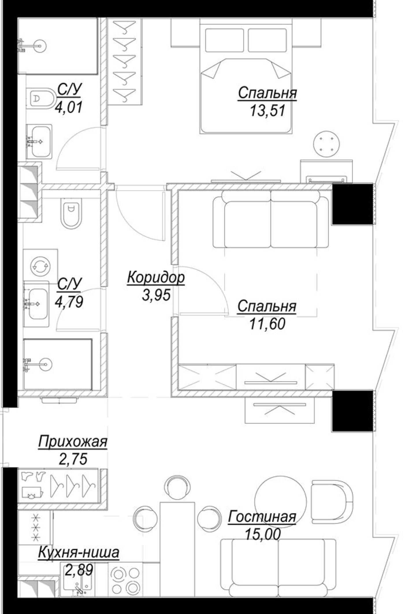 3 комн. квартира, 58.7 м², 2 этаж 