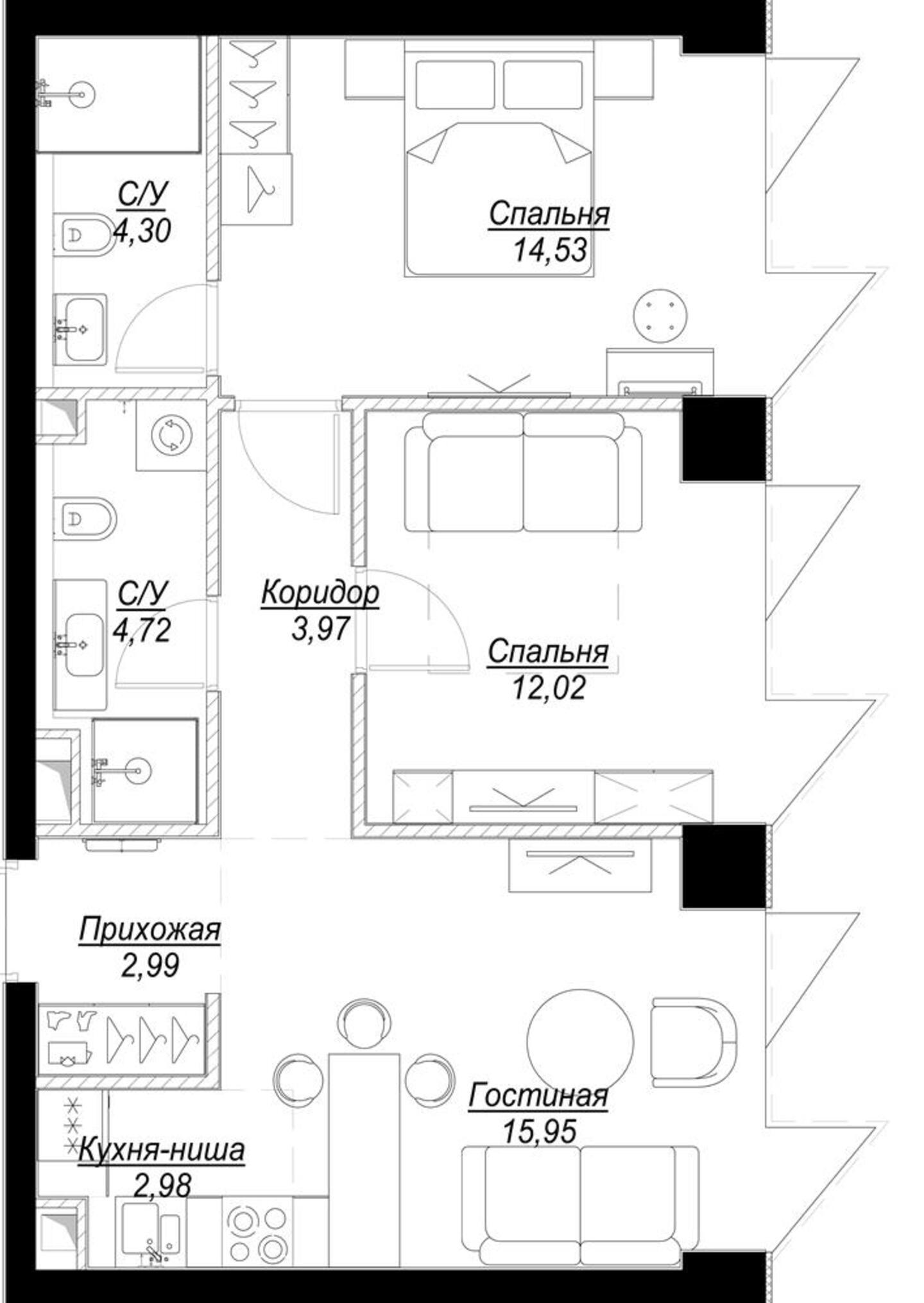 3 комн. квартира, 61.5 м², 6 этаж 