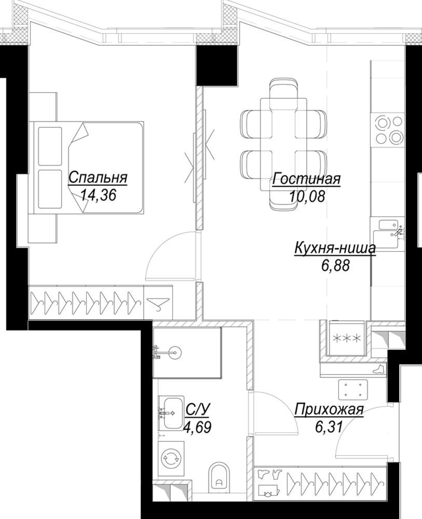 2 комн. квартира, 42.5 м², 2 этаж 