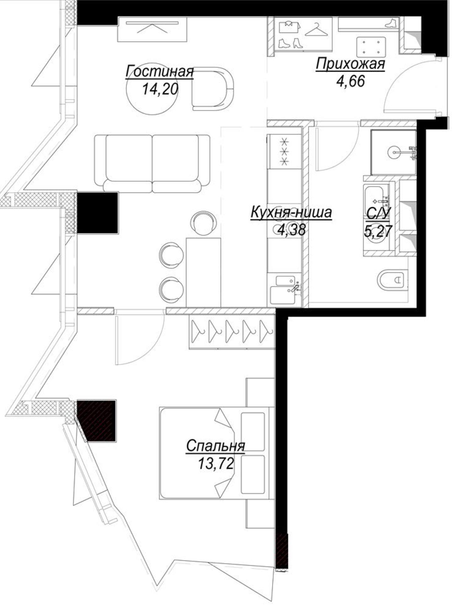 2 комн. квартира, 42.2 м², 6 этаж 
