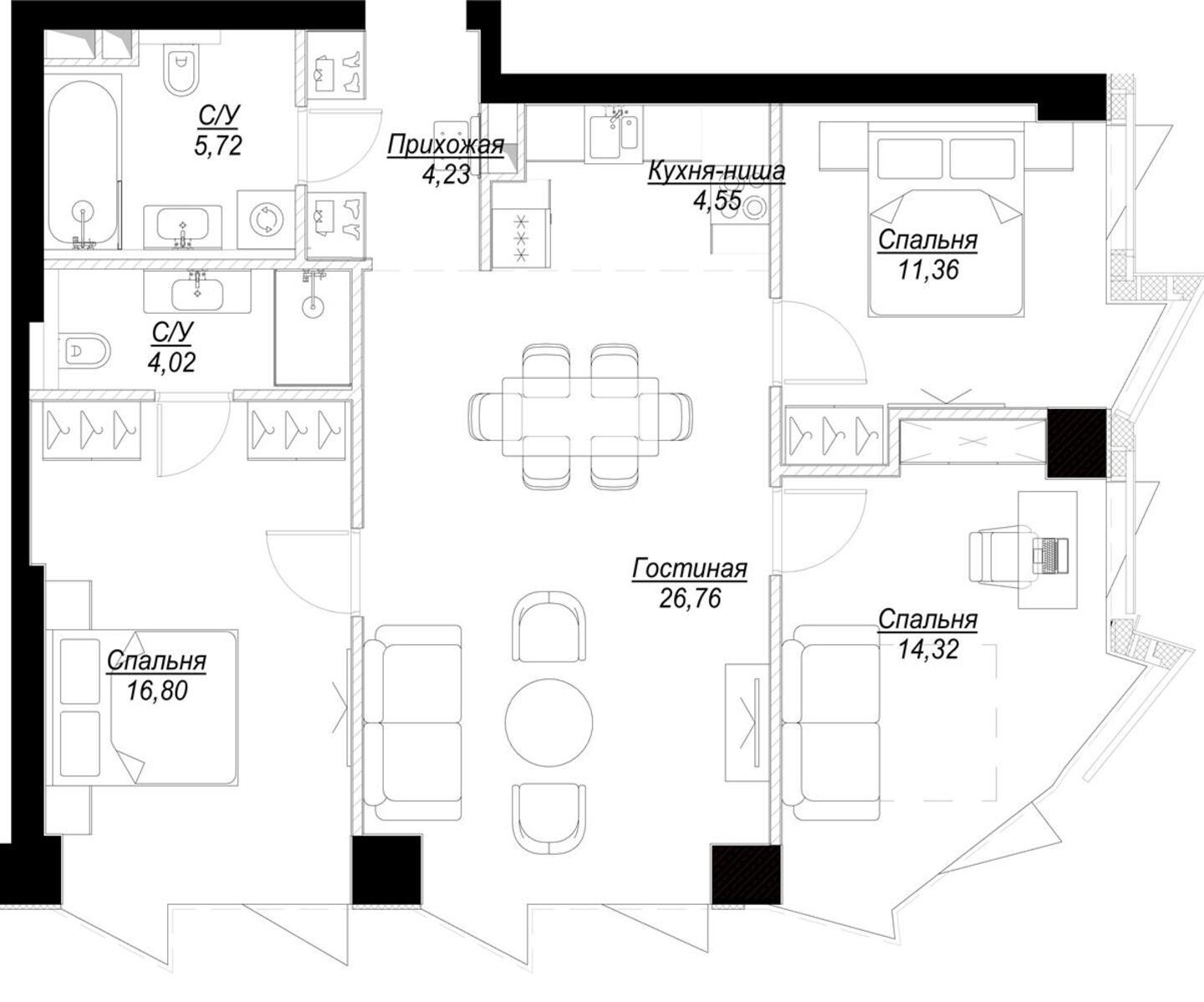 4 комн. квартира, 87.8 м², 16 этаж 