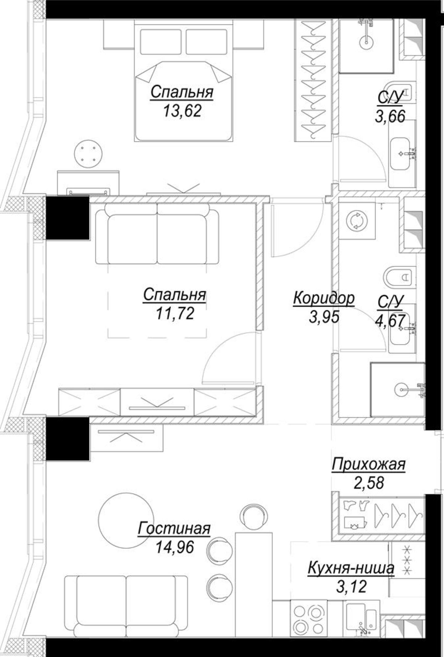3 комн. квартира, 58.5 м², 2 этаж 