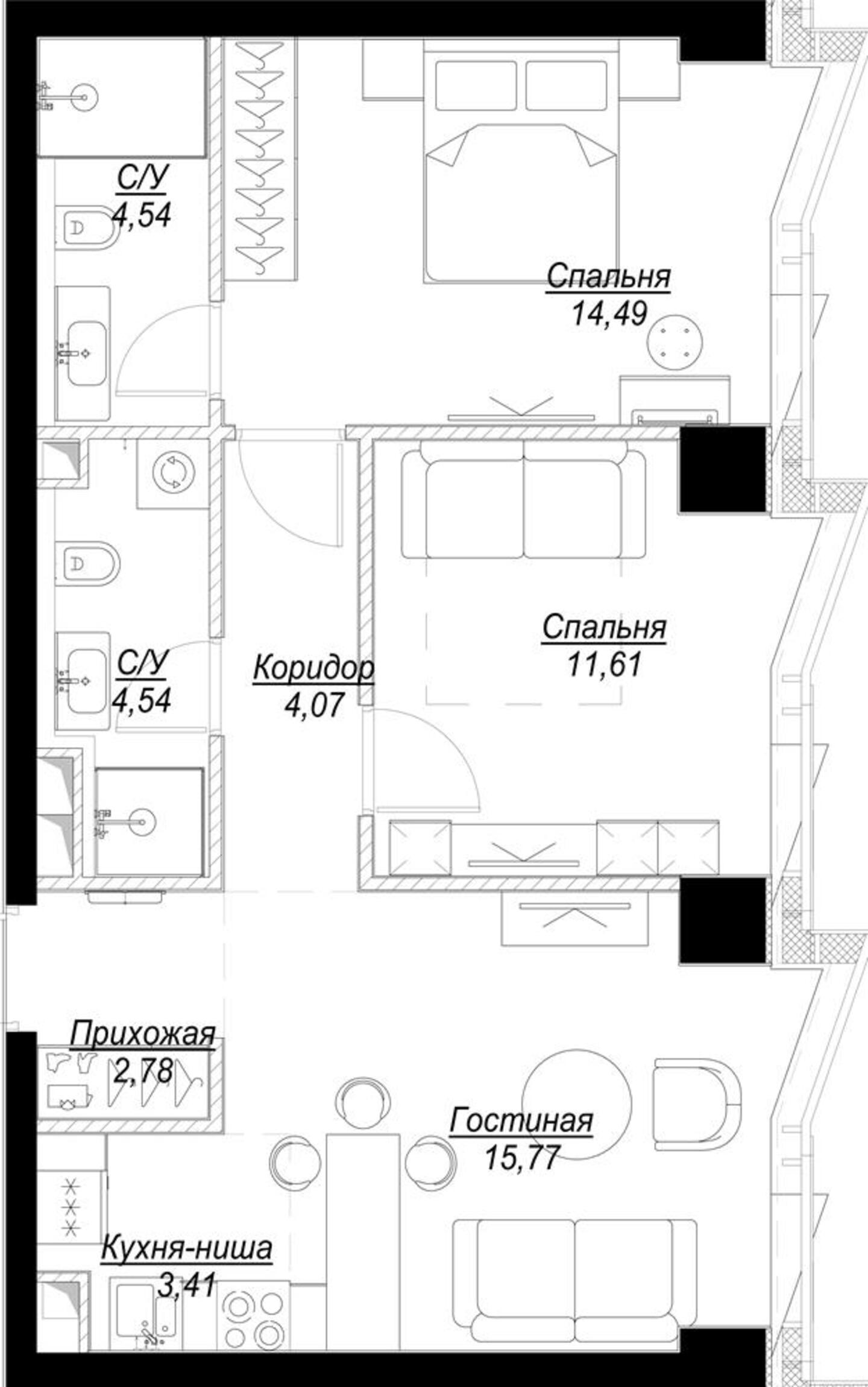 3 комн. квартира, 61.2 м², 23 этаж 