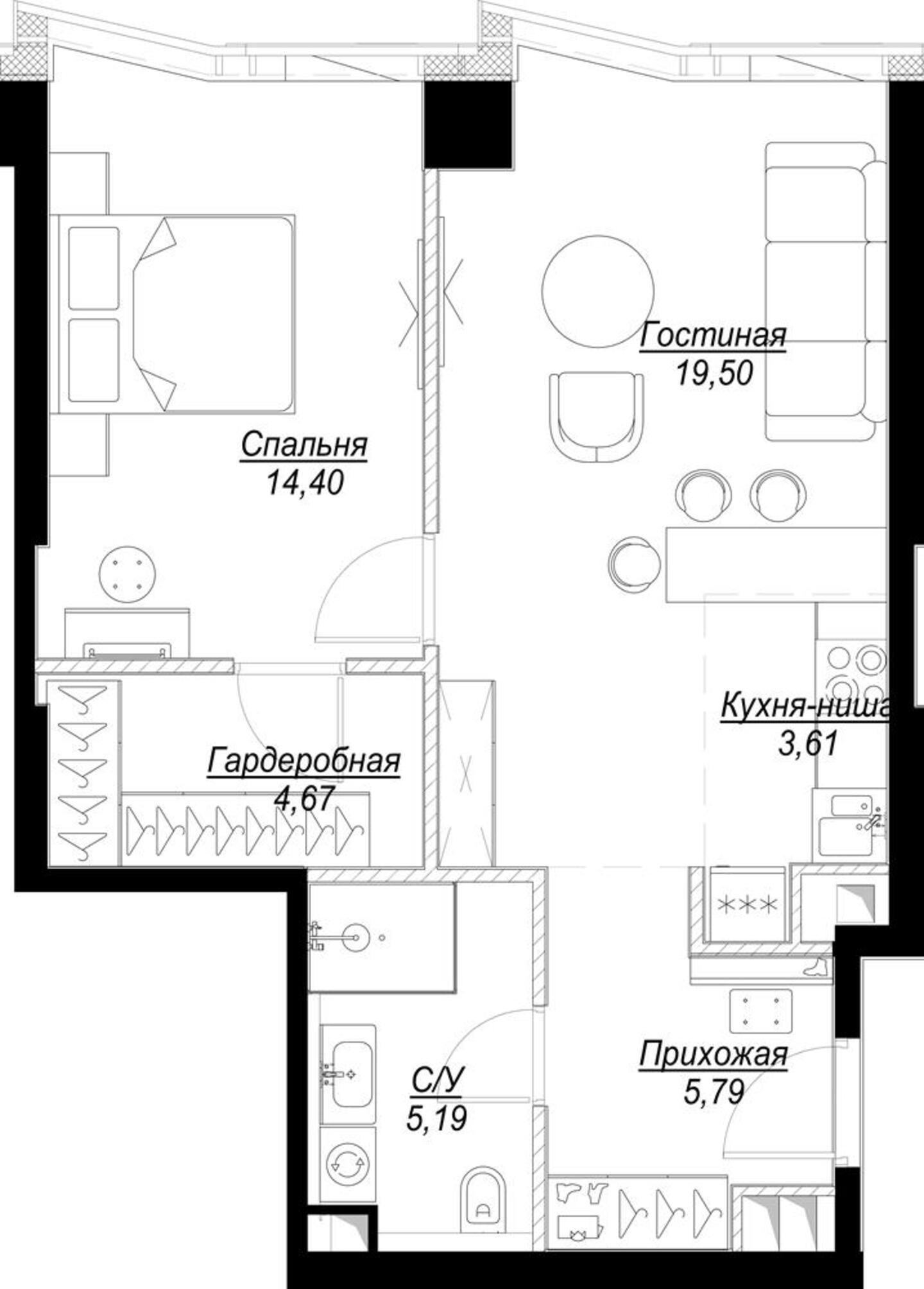 2 комн. квартира, 53.2 м², 26 этаж 