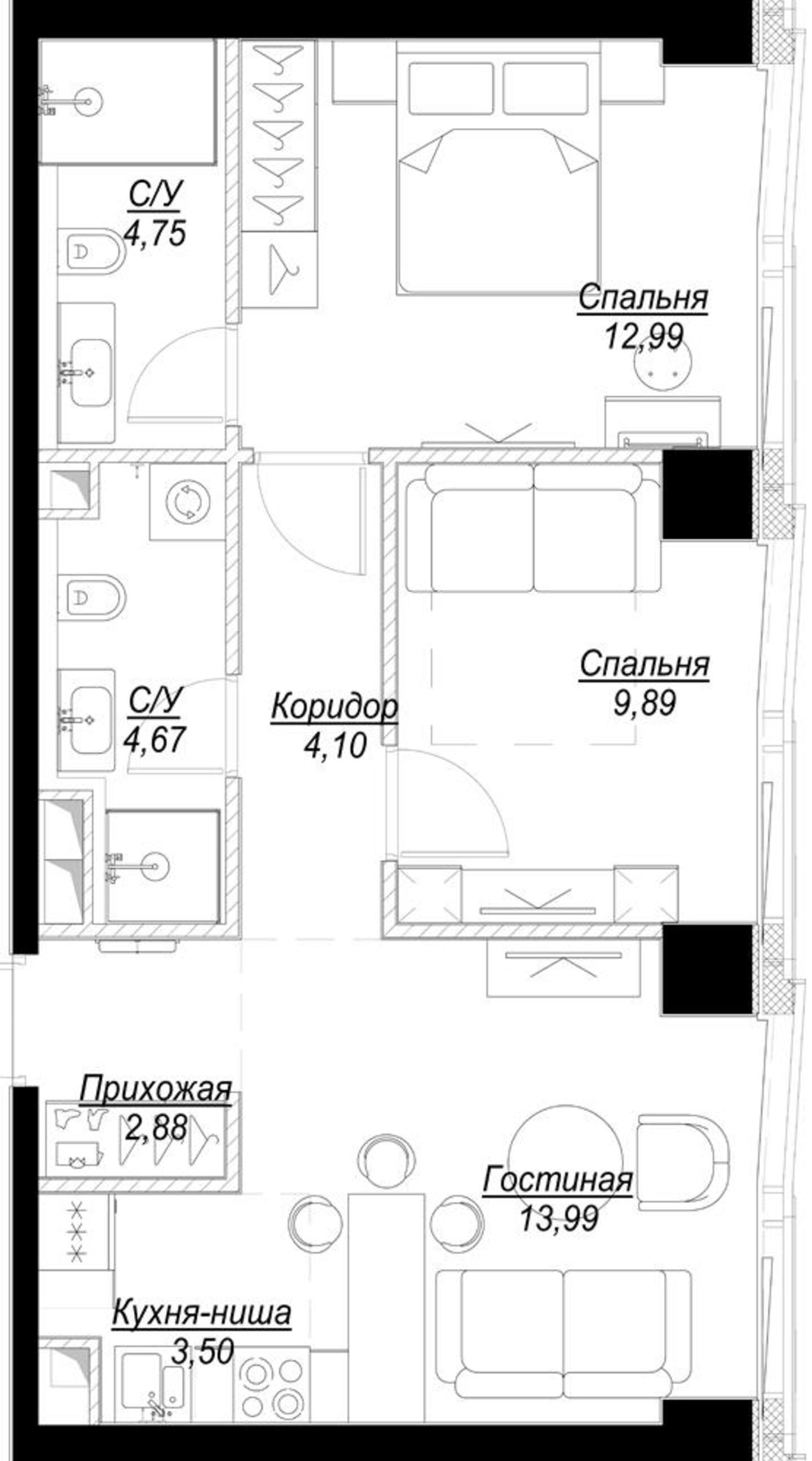 3 комн. квартира, 56.8 м², 33 этаж 