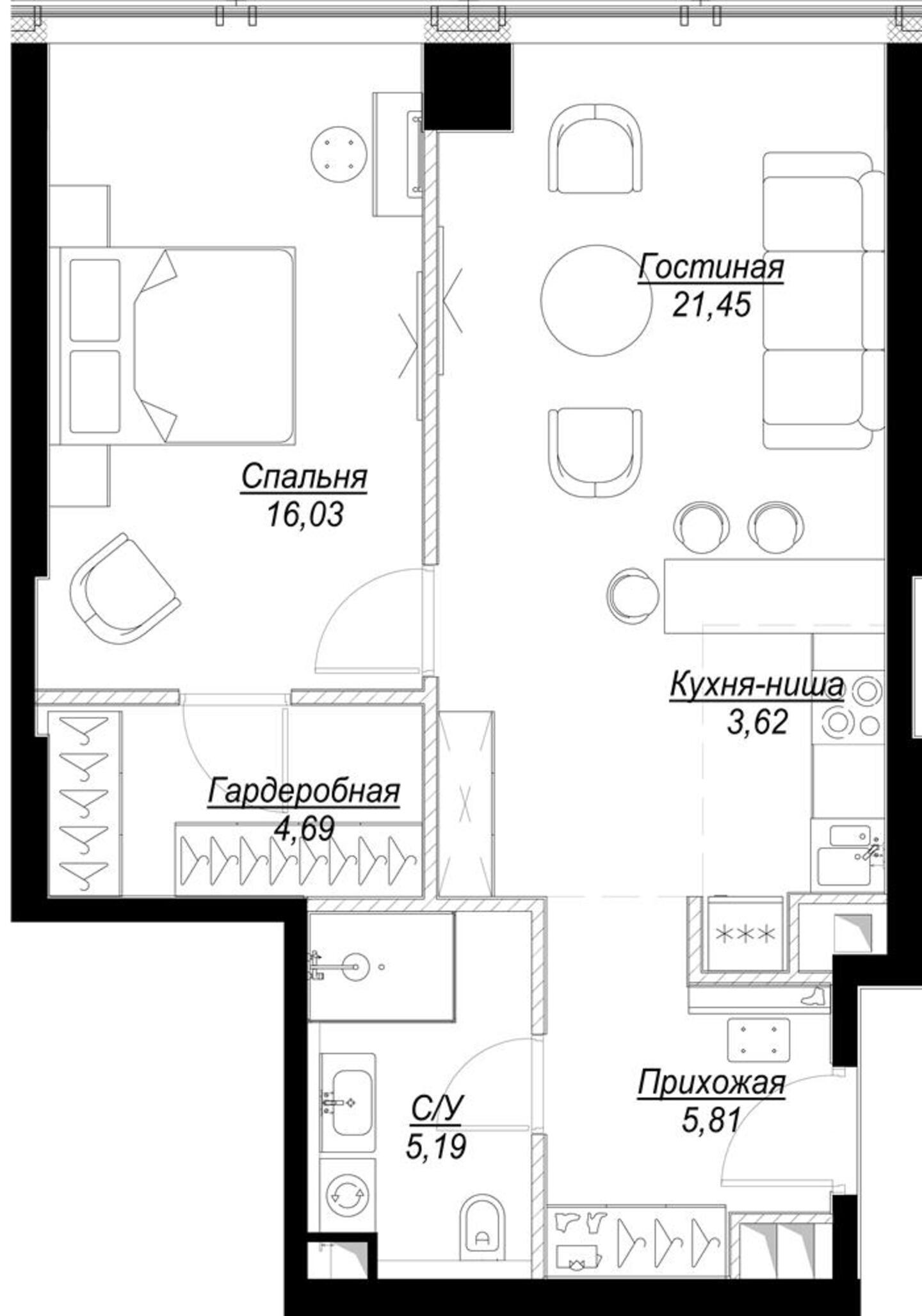 2 комн. квартира, 56.8 м², 35 этаж 
