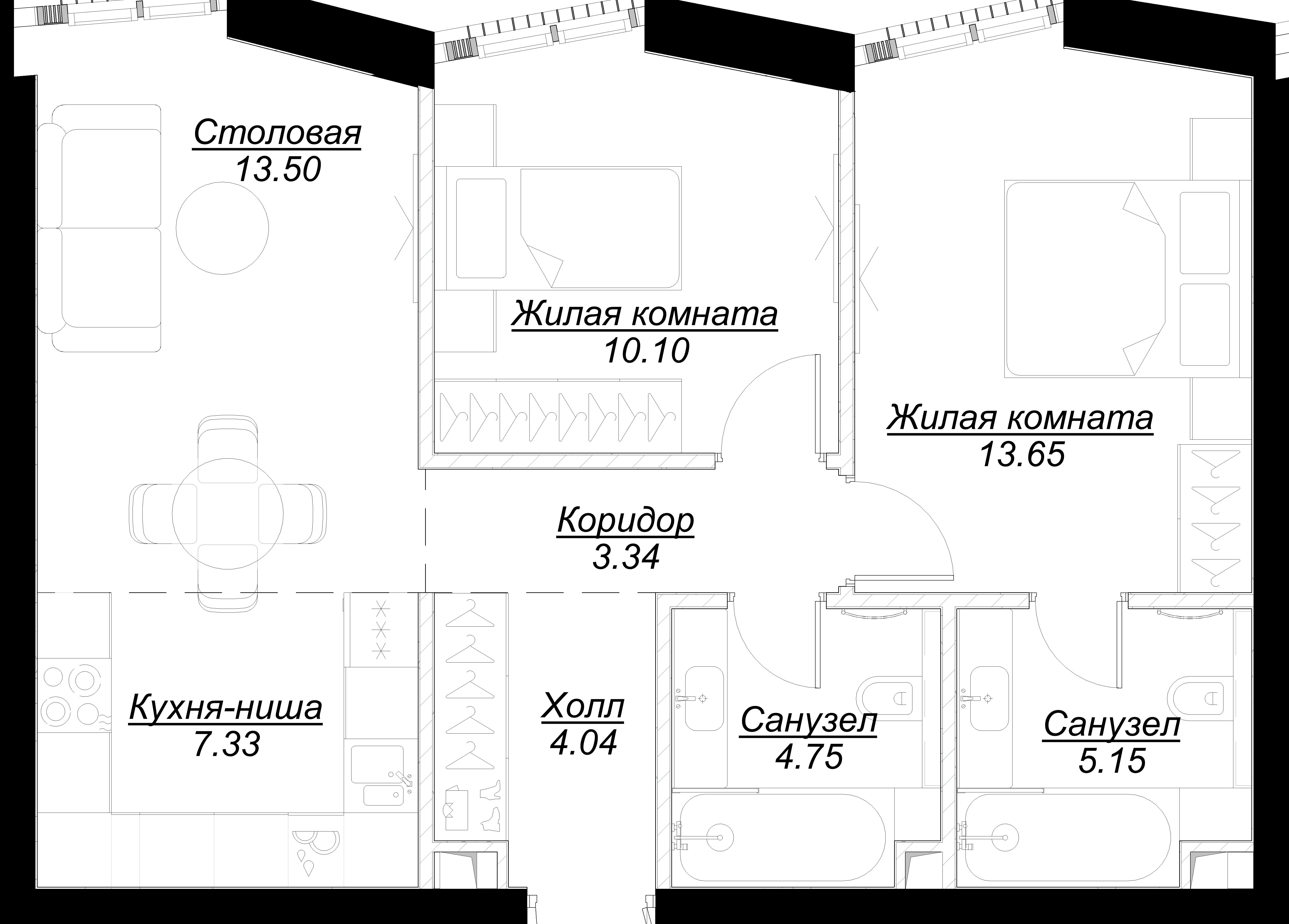 2 комн. квартира, 63.4 м², 5 этаж 
