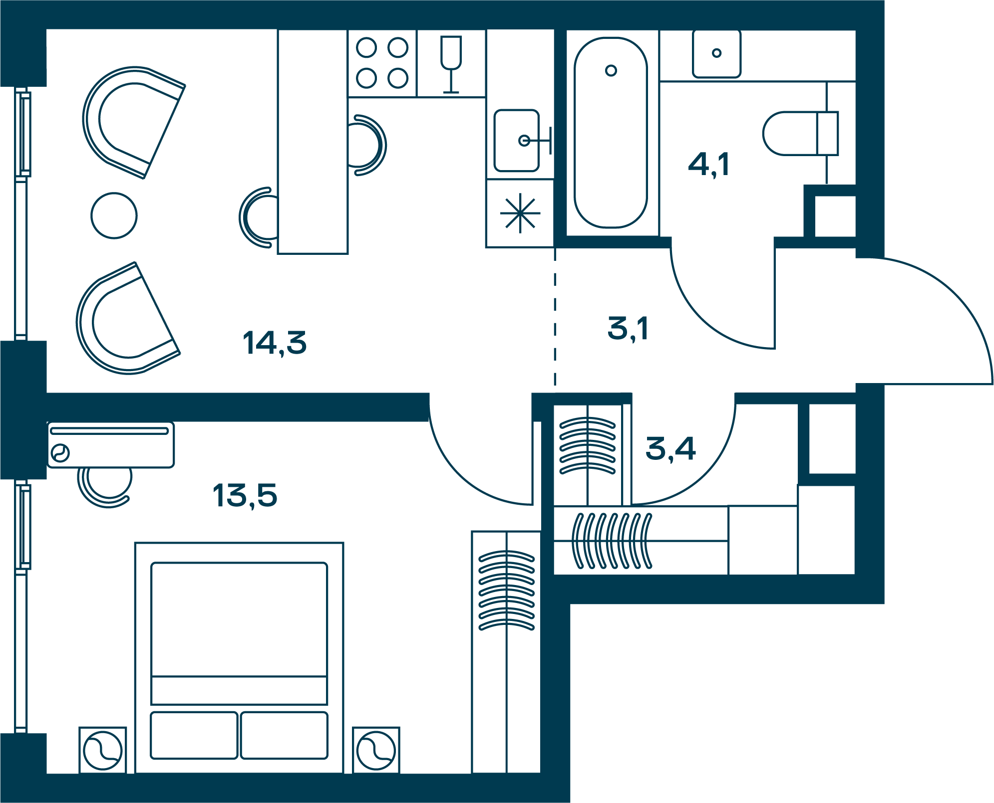1 комн. квартира, 38.4 м², 2 этаж 