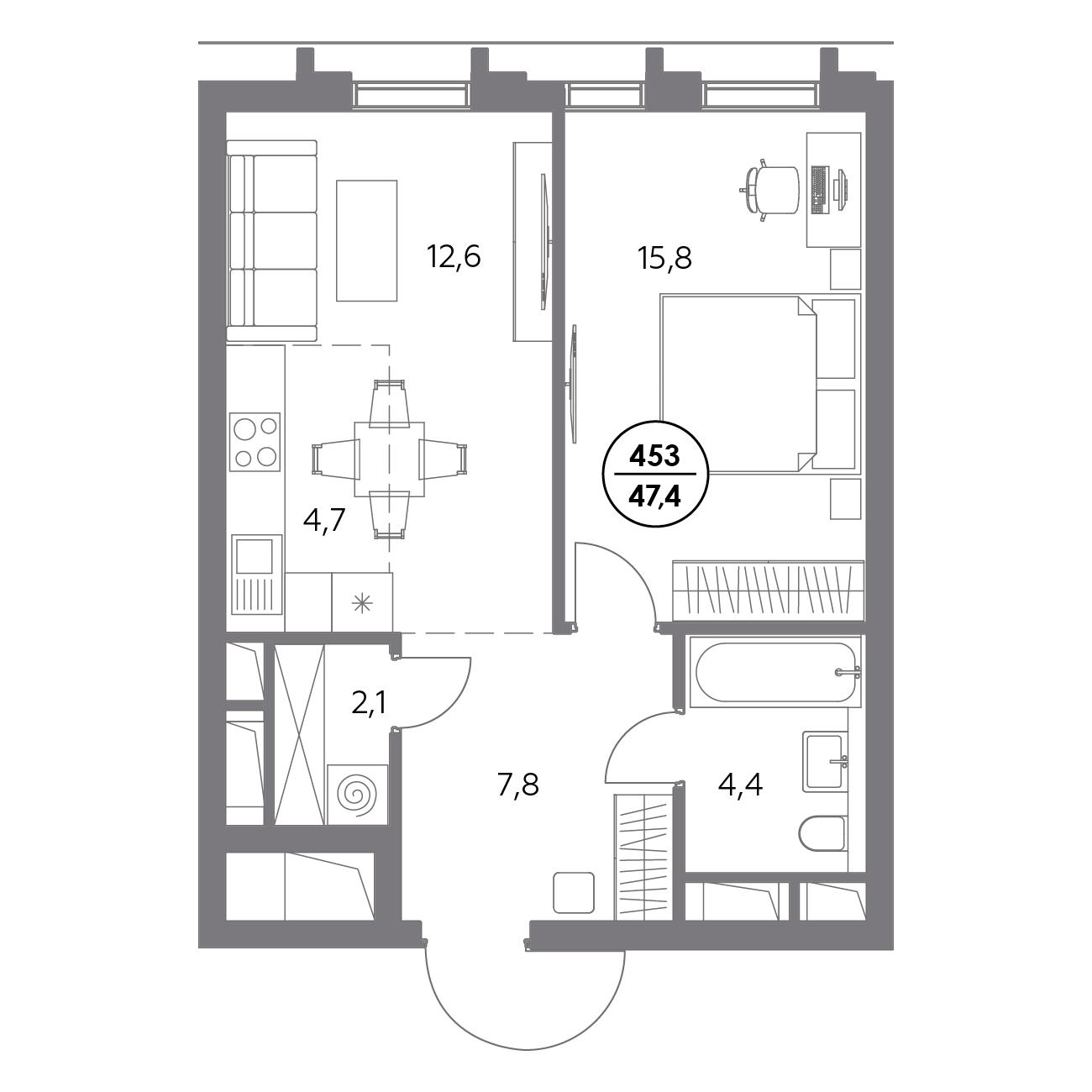 1 комн. квартира, 47.4 м², 14 этаж 