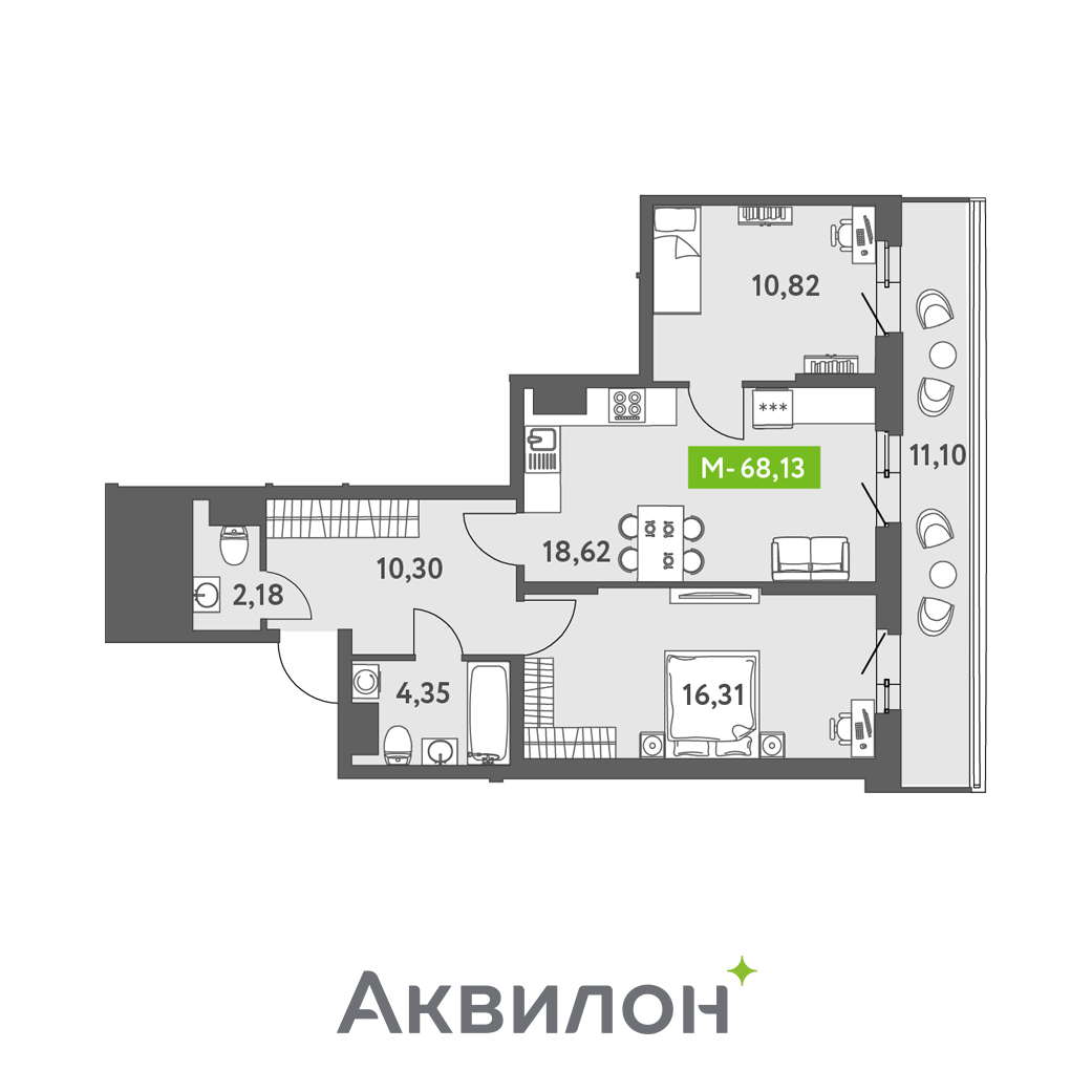 2 комн. квартира, 67.8 м², 5 этаж 