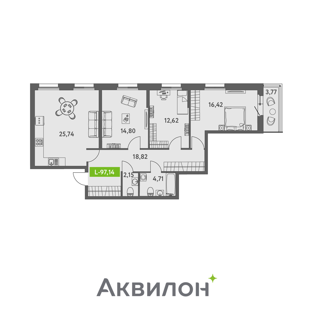 3 комн. квартира, 95.8 м², 3 этаж 