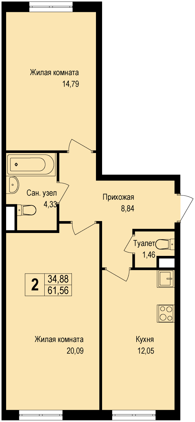 2 комн. квартира, 27.2 м², 1 этаж 